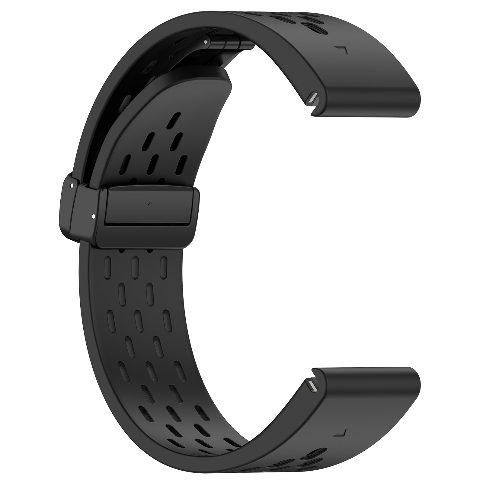 Schwarzes Uhrenarmband mit ovalen Perforationen und schwarzer Schnalle.