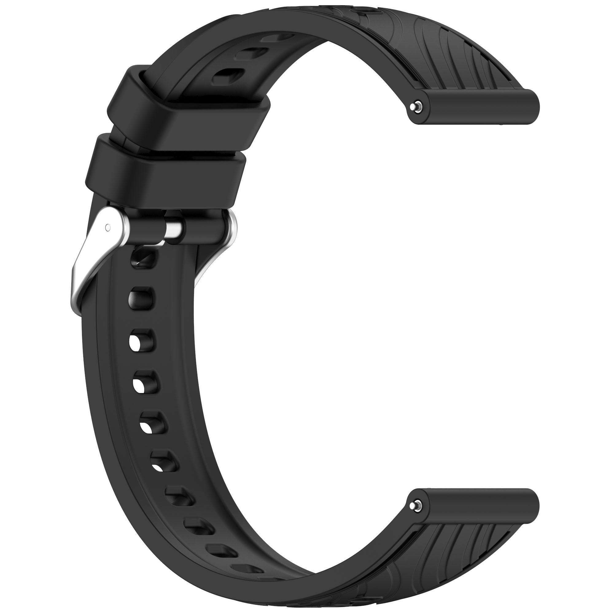 Un cinturino nero con chiusura metallica. Il cinturino è realizzato in materiale flessibile e a coste.