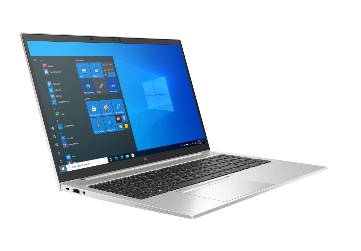 Silberner Laptop auf schwarzem Untergrund. Bildschirm zeigt Windows 10 Oberfläche.