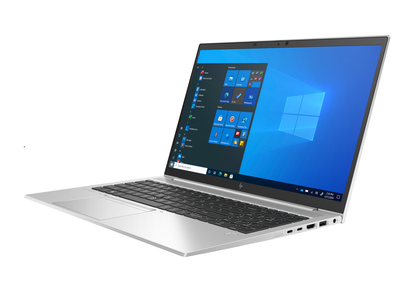 Ein geöffneter Laptop auf schwarzem Hintergrund. Der Bildschirm ist blau und zeigt eine Arbeitsoberfläche.