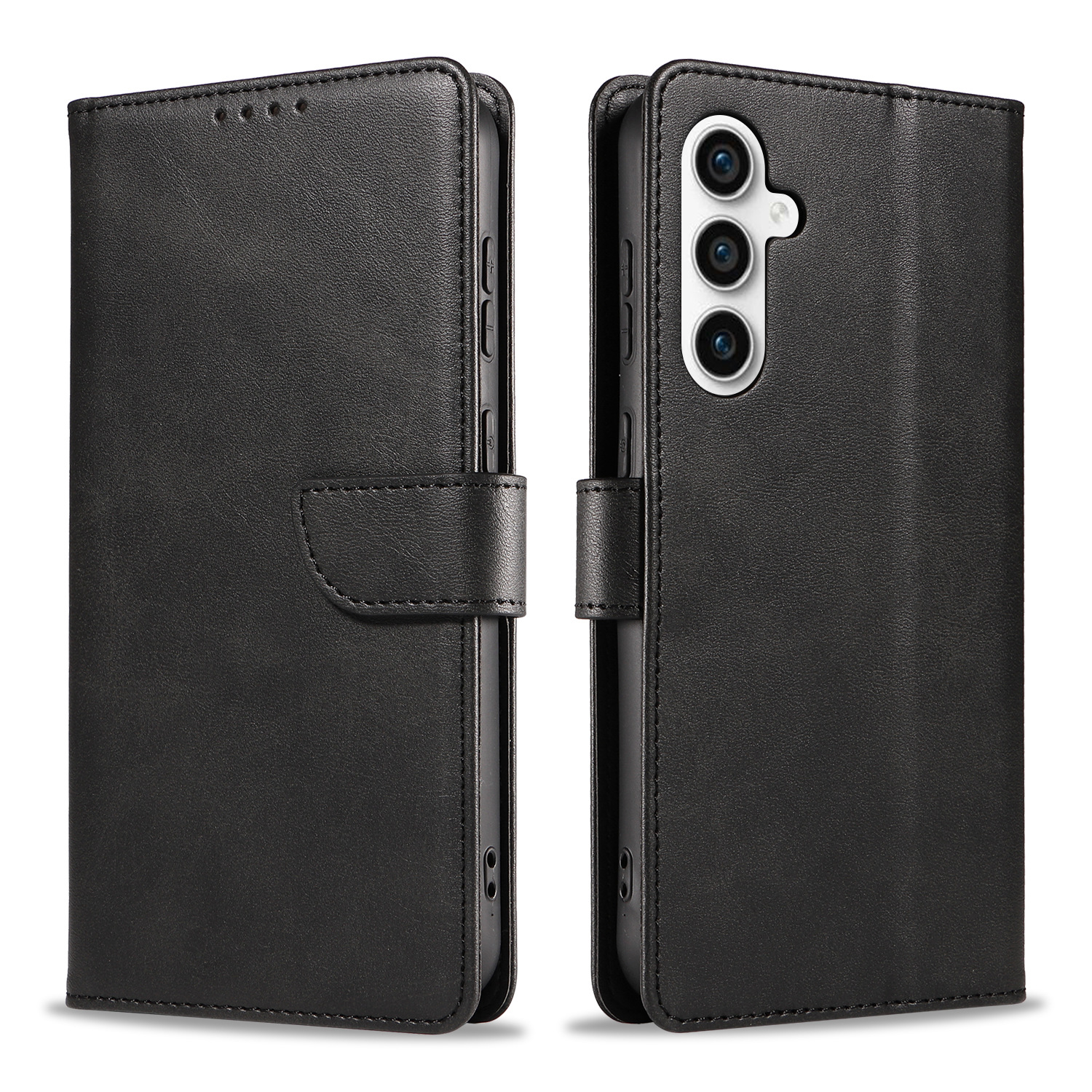 Schwarze Leder-Handyhülle, geschlossen und offen. Sichtbares Telefon mit Dreifachkamera. Hintergrund: weiß.