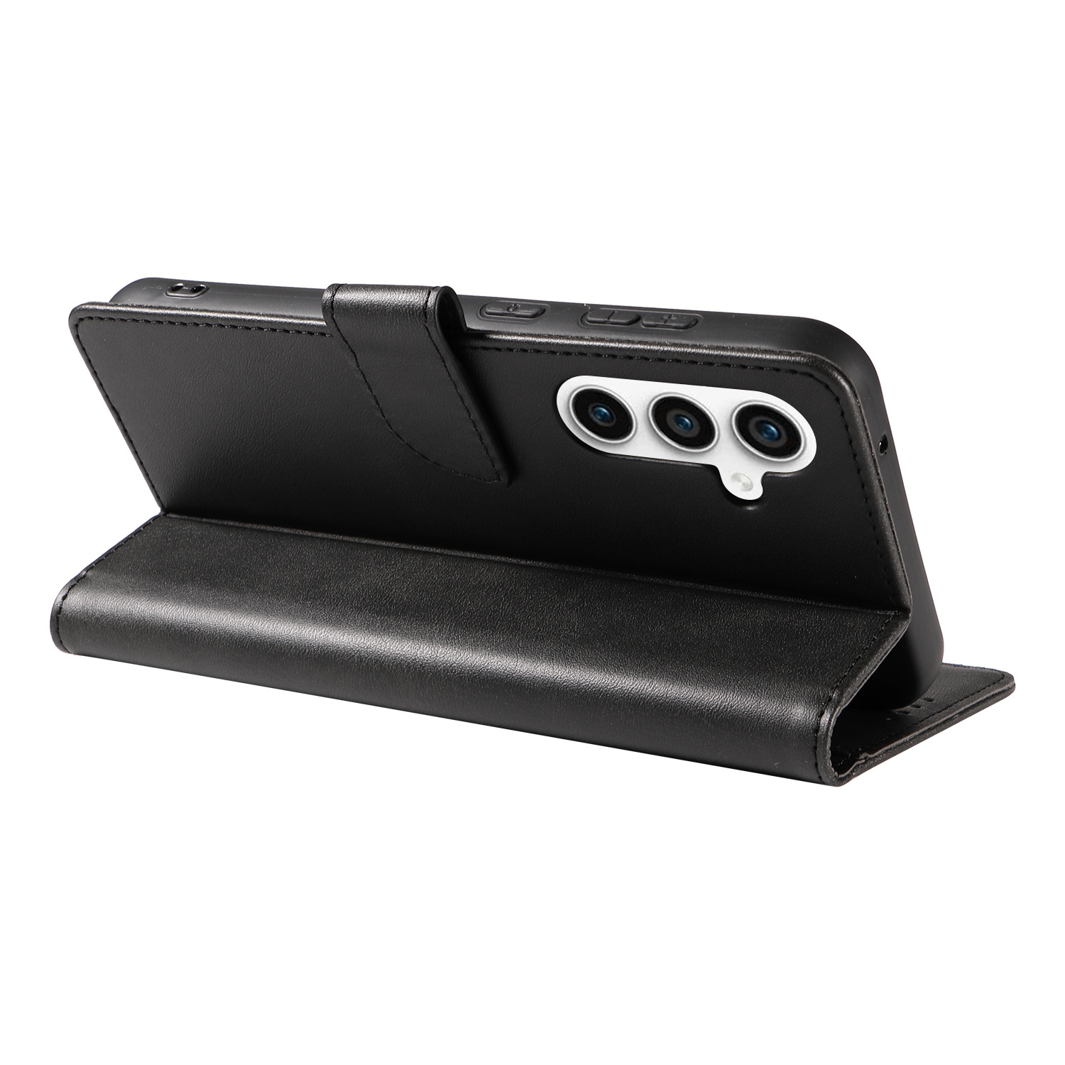 Schwarze Handyhülle offen. Telefon innen, mit Kamera und Knöpfen sichtbar.