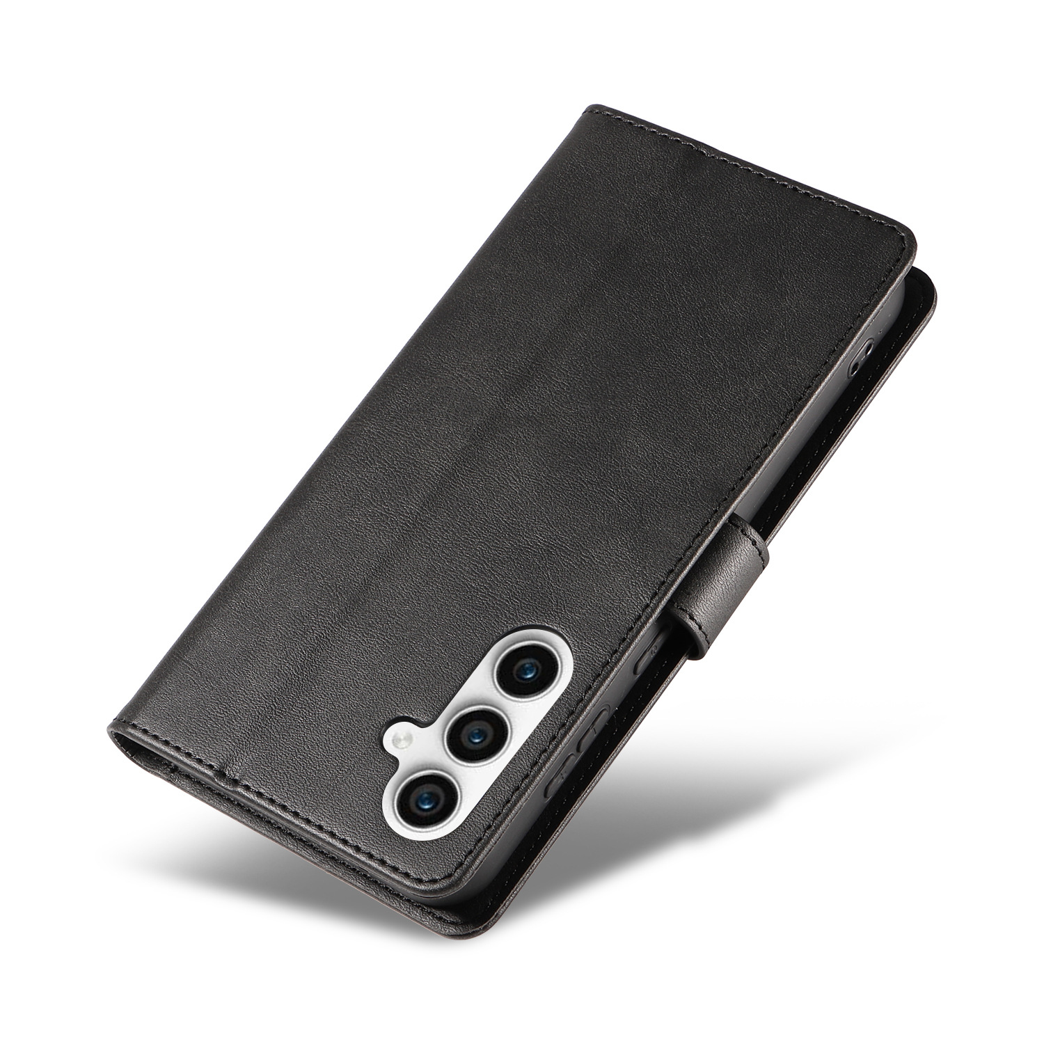 Ein geschlossenes, schwarzes Lederetui für ein Telefon mit sichtbaren Kameraobjektiven auf weißem Hintergrund.