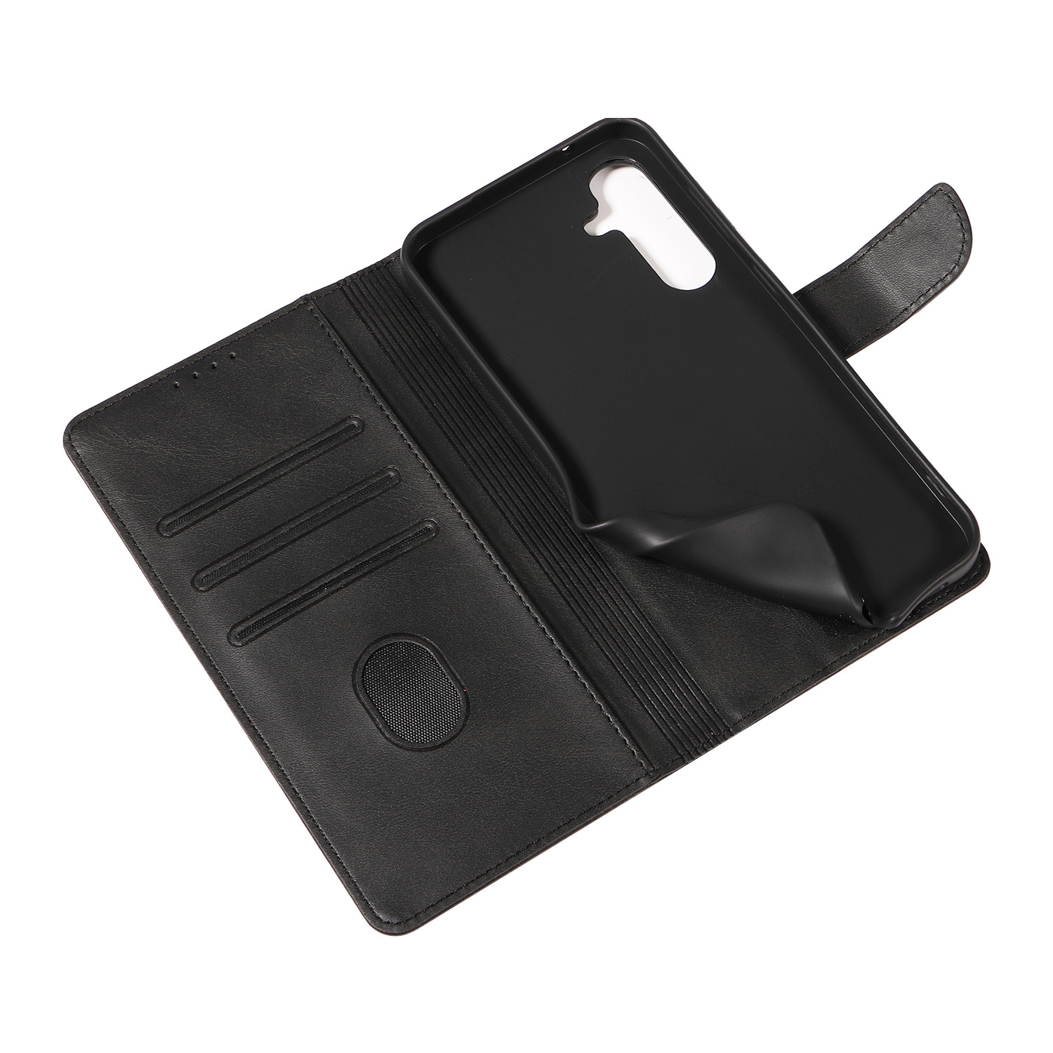 Eine schwarze Brieftaschenkoffer hält ein schwarzes Telefon, mit Schlitzen für Karten und eine Rechnung im Inneren sichtbar.