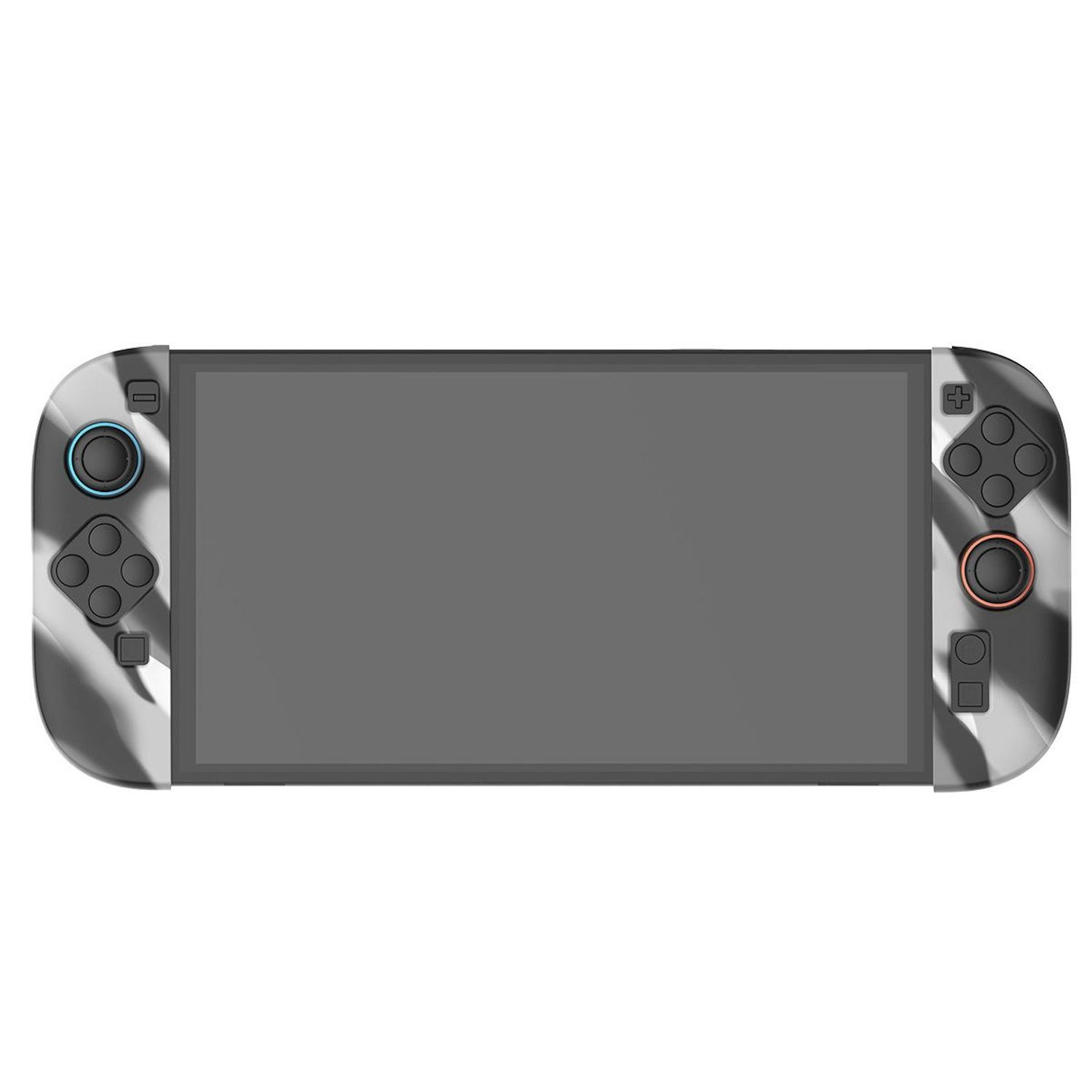 Una consola de juegos portátil con una pantalla gris y mandos estampados en blanco y negro.