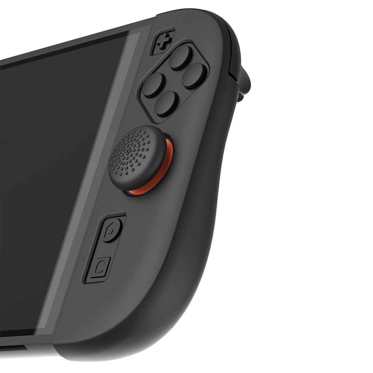 Un primer plano de un mando de juego negro con un joystick naranja, que muestra la textura y los detalles.