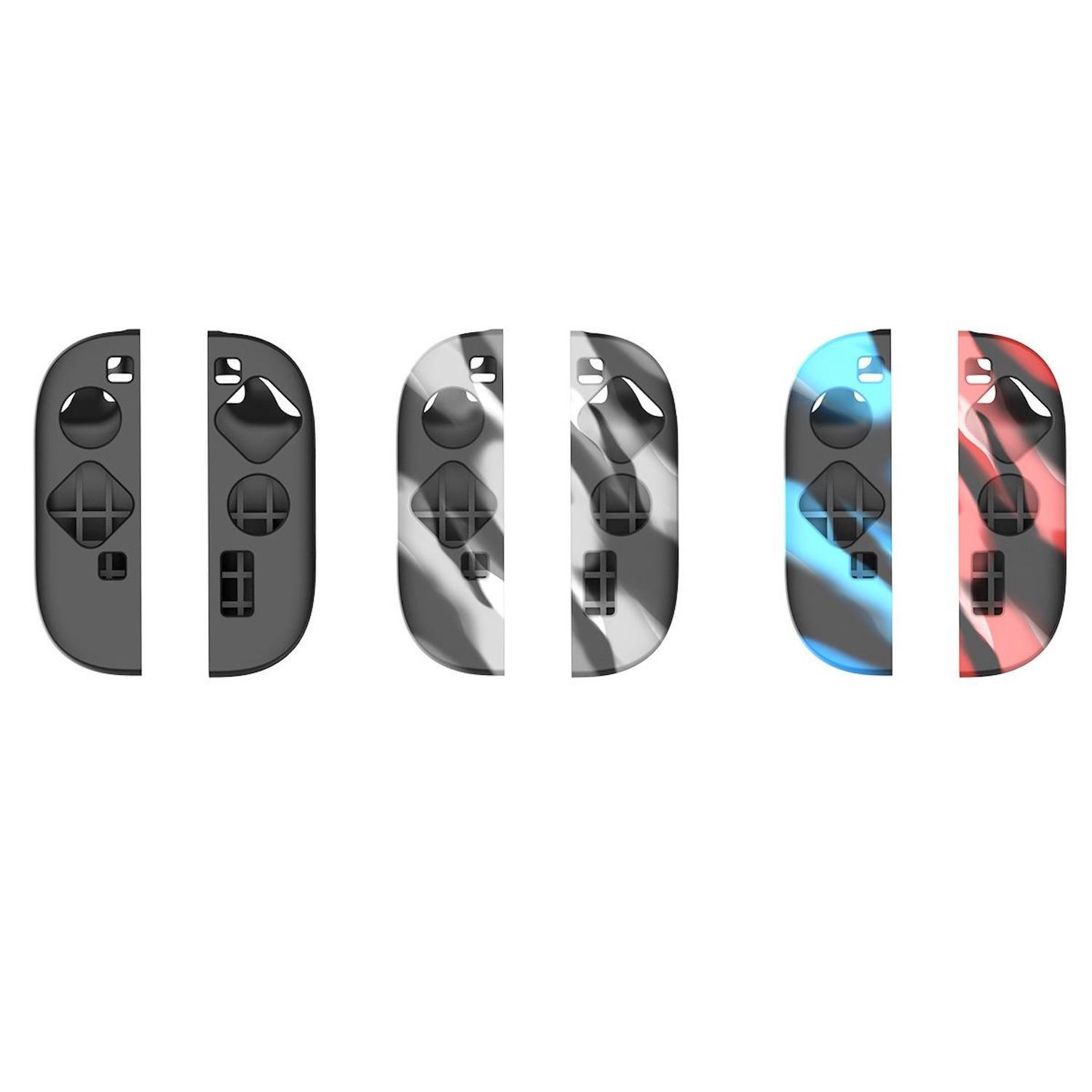 Tres pares de mandos de juego en gris, blanco y negro, y azul y rojo sobre blanco.