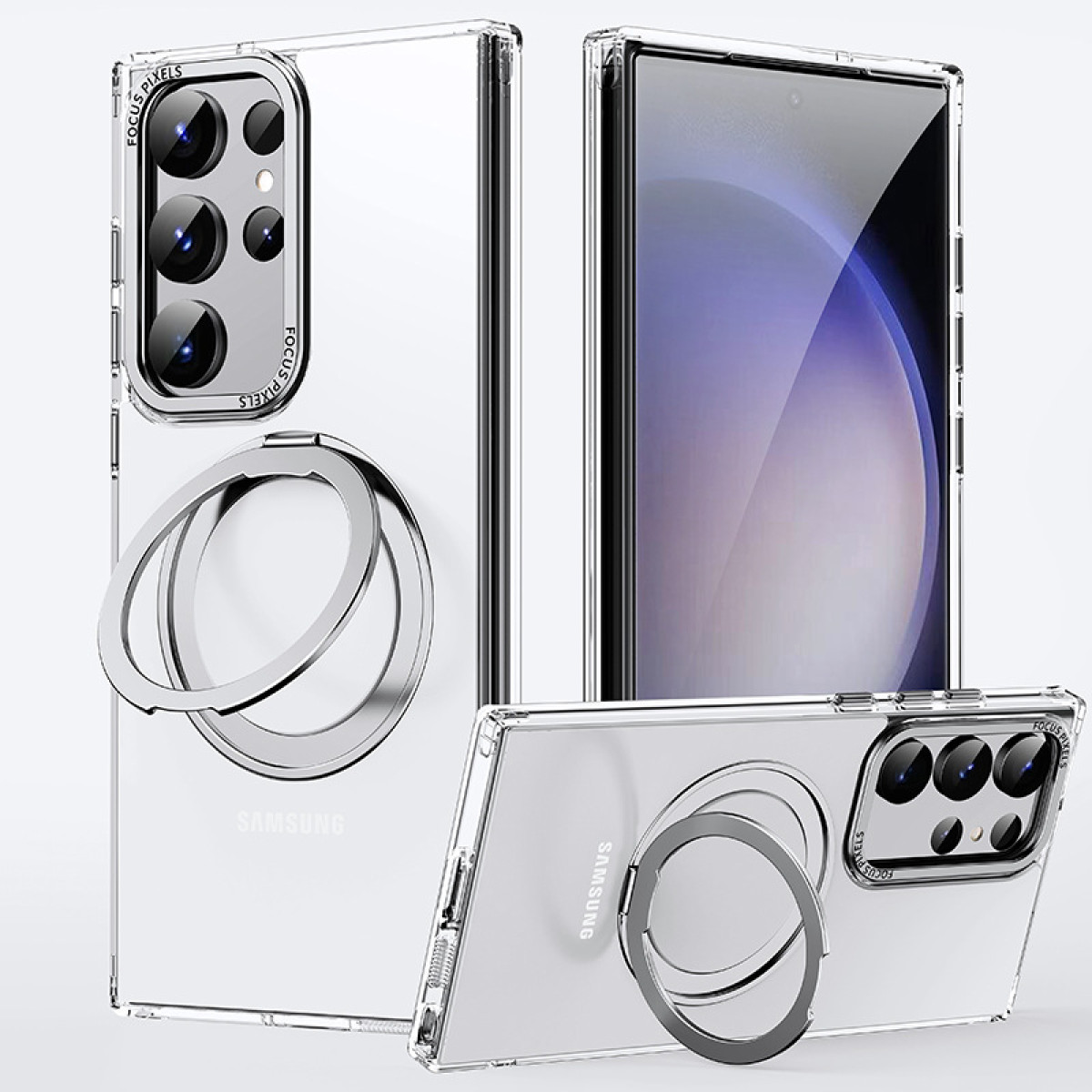 Drei transparente Handyhüllen mit Ringhaltern werden gezeigt. Jede Hülle enthält ein Samsung-Handy mit mehreren Kameras.
