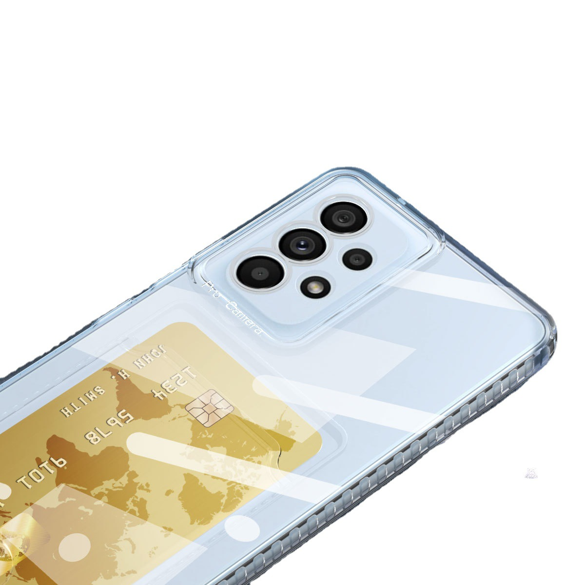 Custodia trasparente per telefono con carta all'interno. Lo sfondo è bianco. Il telefono ha una tripla fotocamera.