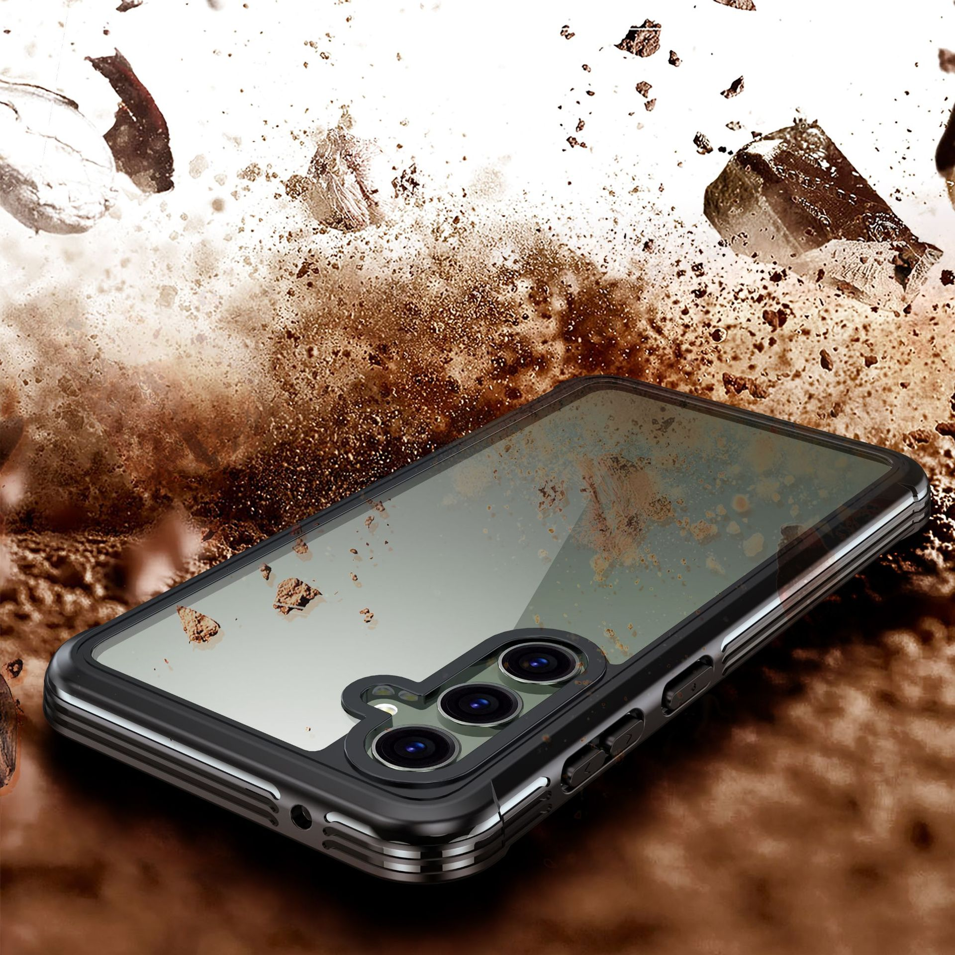 Un teléfono en una funda negra se encuentra sobre un fondo de suciedad y escombros.