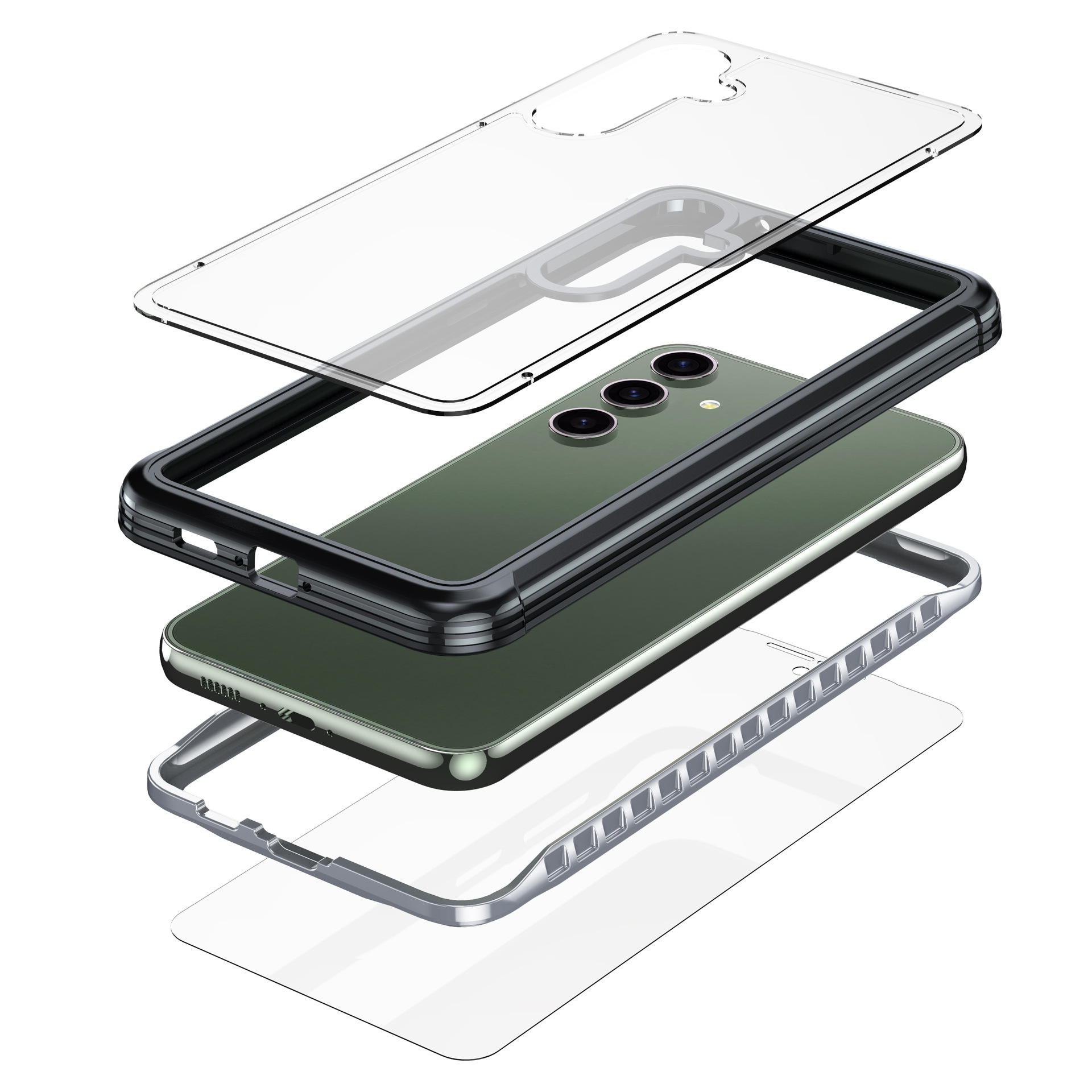 Una vista explosionada de una funda de teléfono muestra sus capas y el teléfono que protege.