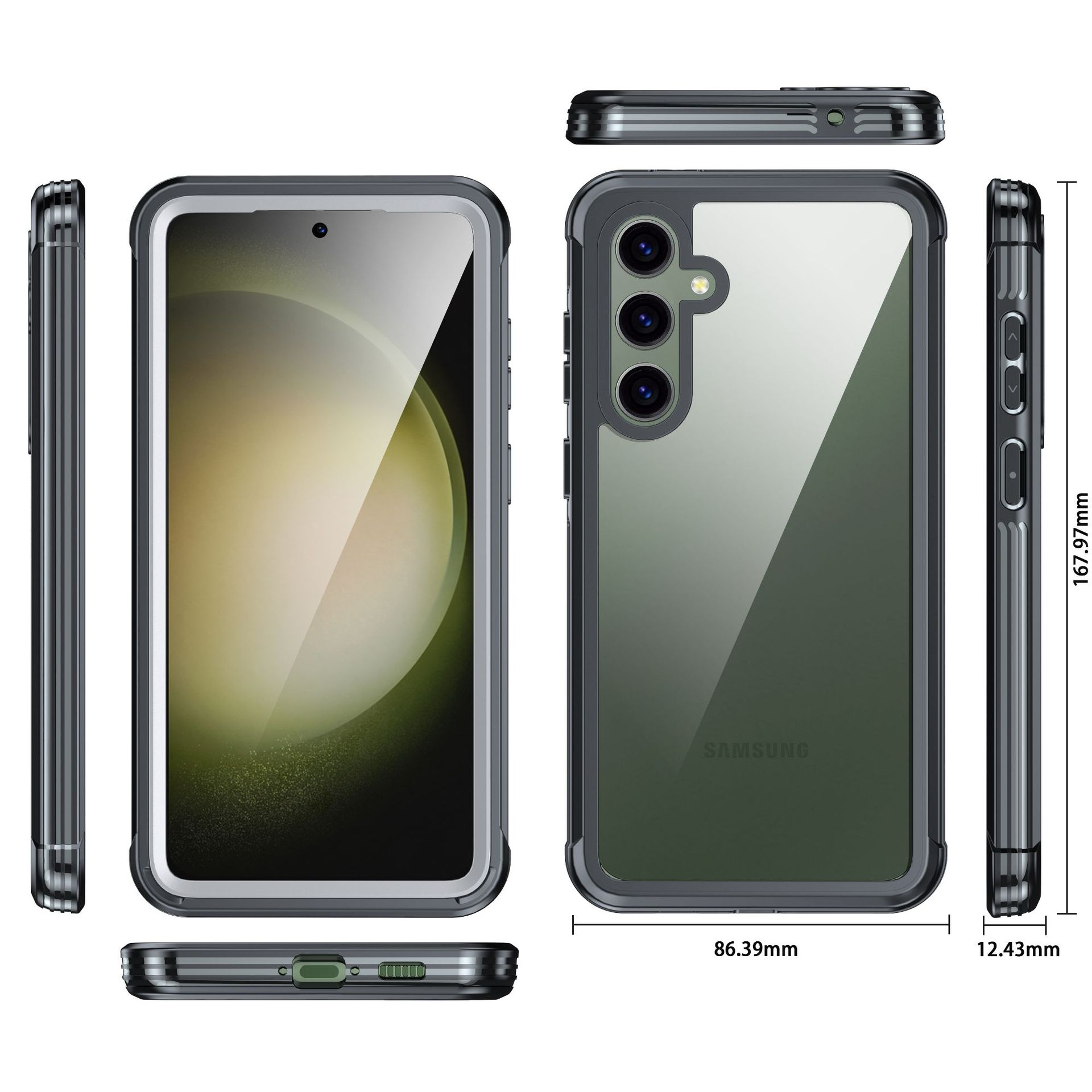 La imagen muestra las dimensiones de un teléfono con una funda negra desde todos los lados.