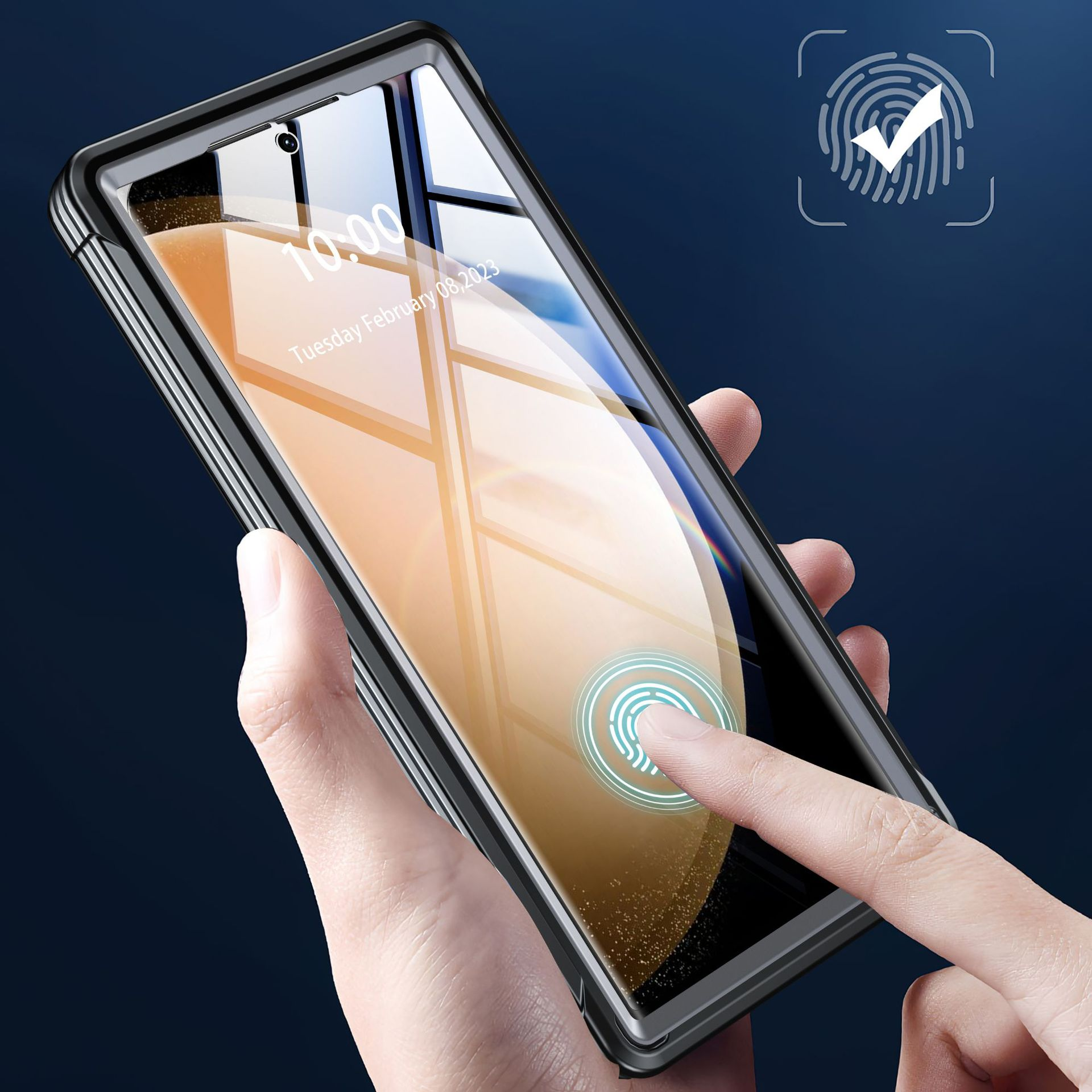 Ein Finger berührt den Bildschirm eines Telefons in einer schwarzen Hülle. Ein Fingerabdrucksymbol befindet sich daneben.
