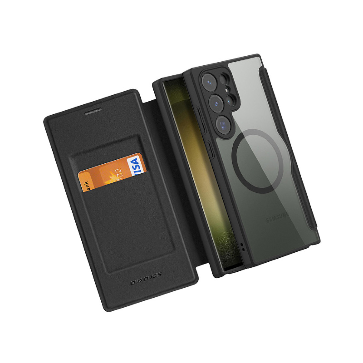 Custodia nera per telefono con patta a portafoglio, che tiene una carta di credito e un retro trasparente che mostra il telefono.
