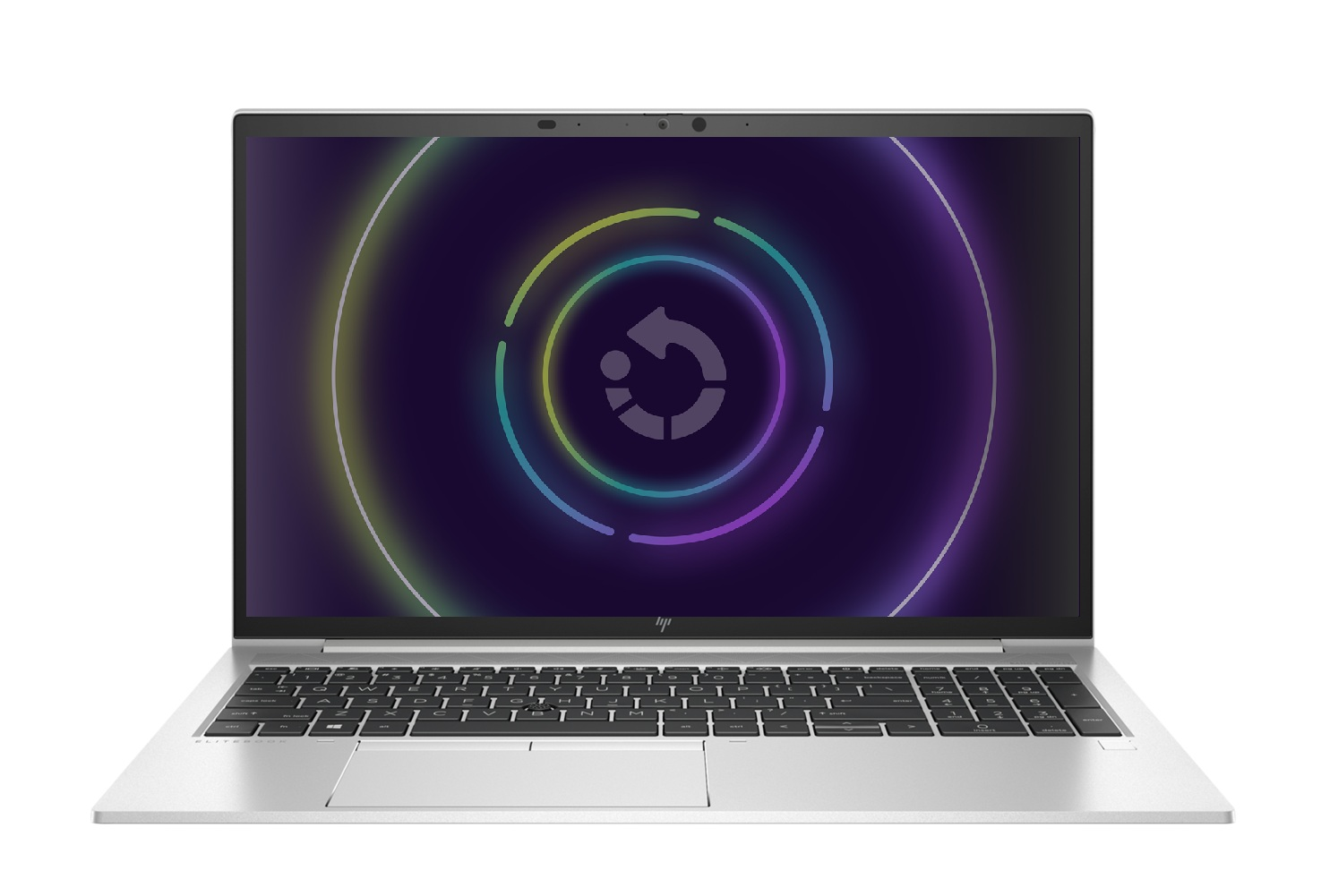 Ein silberner Laptop hat eine farbenfrohe Grafik mit einem kreisförmigen Pfeil auf dem Bildschirm.