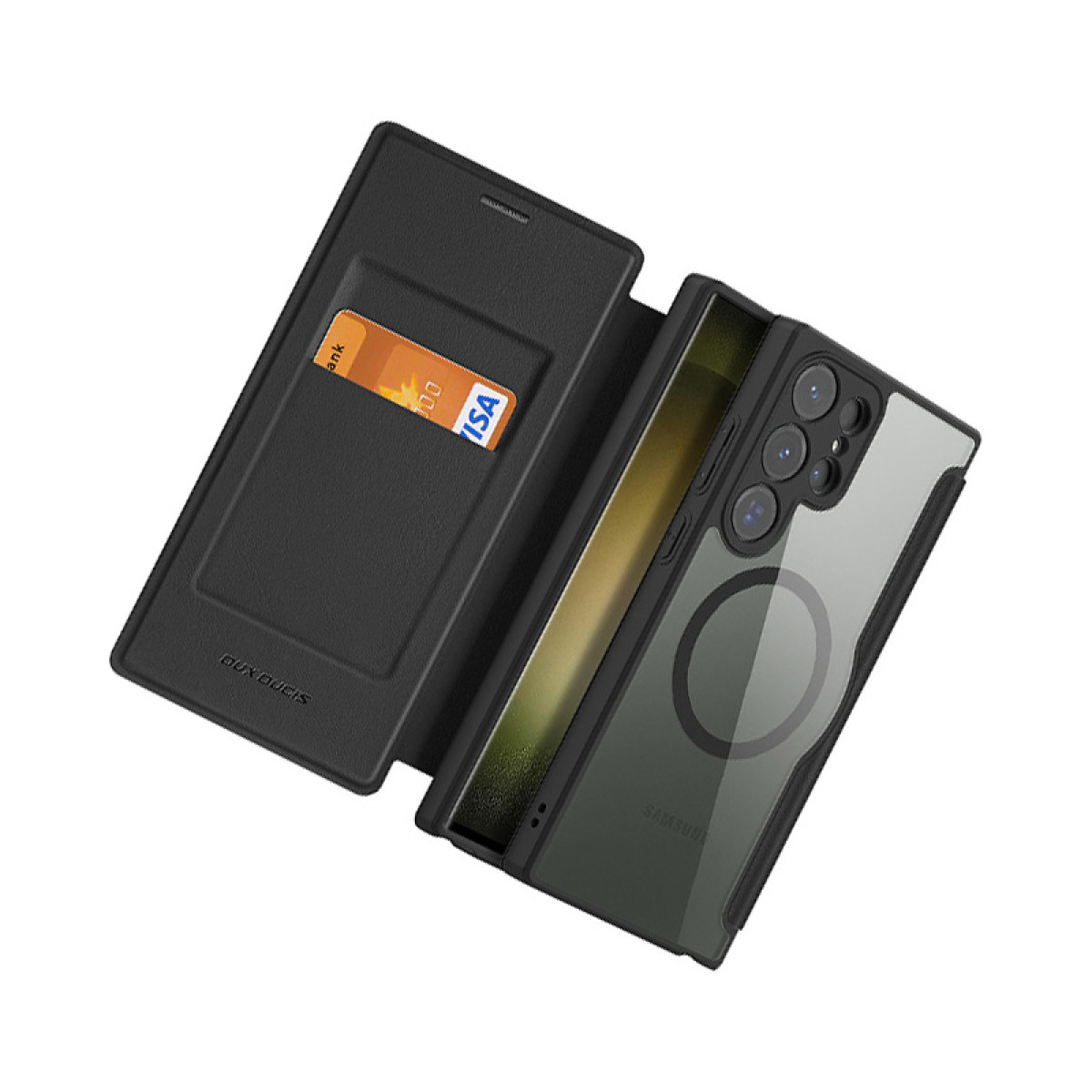 Custodia nera per telefono con patta a portafoglio, che tiene una carta di credito e un retro trasparente che mostra il telefono.