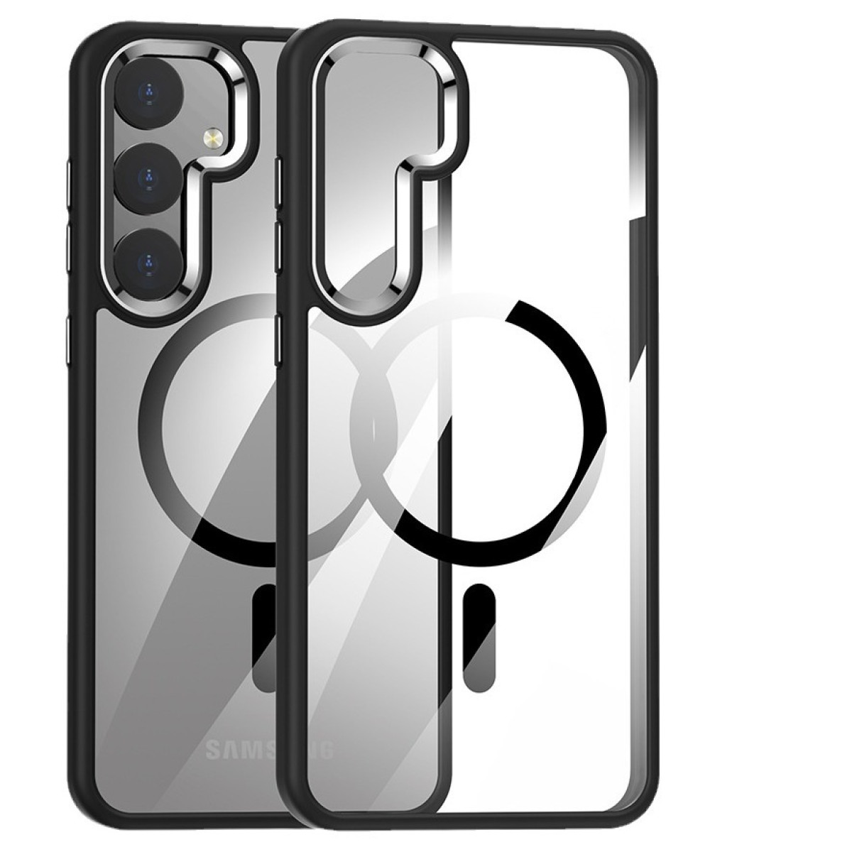Due custodie per telefono trasparenti con finiture nere, una con un telefono all'interno, su uno sfondo bianco.