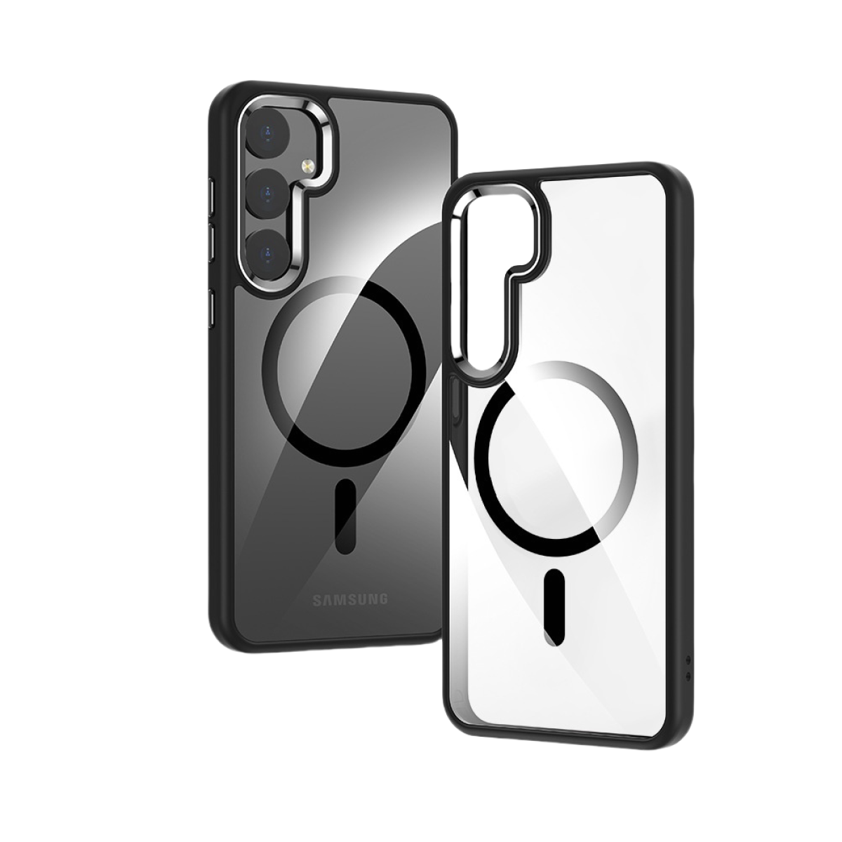 Due custodie per telefono trasparenti con finiture nere, una con un telefono all'interno, su uno sfondo bianco.