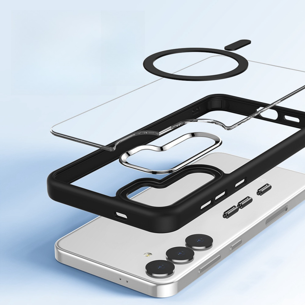 Vista esplosa di un telefono con custodia nera, protezione schermo e anello.