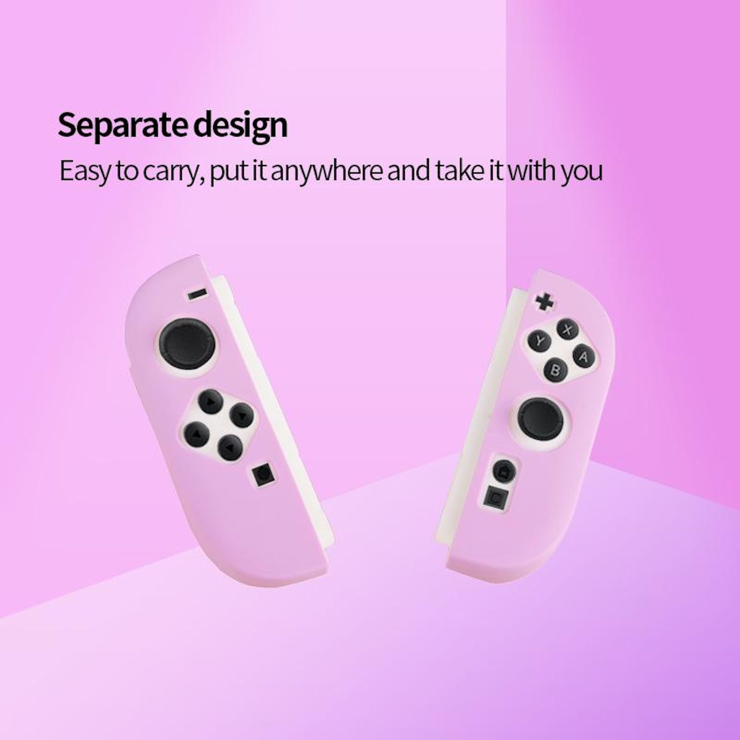 Zwei getrennte rosa Gamecontroller vor violettem Hintergrund. Text darüber: 'Separates Design'.