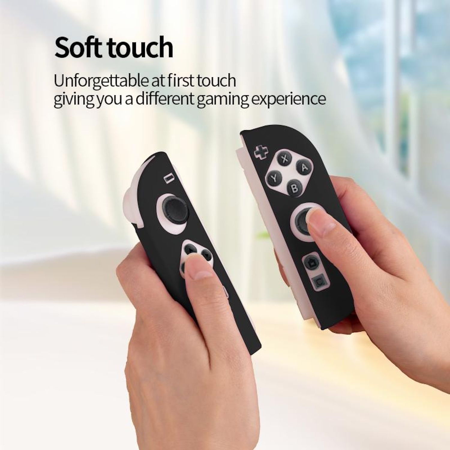 Zwei Hände halten getrennte schwarze Gamecontroller mit rosa Akzenten. Text oben: 'Sanfte Berührung'.