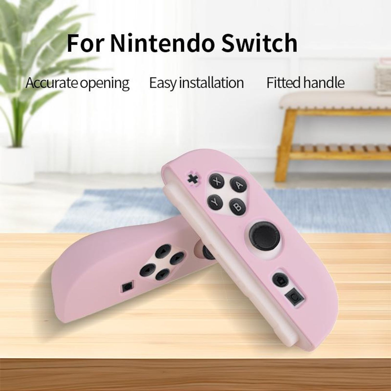 Pinkfarbene Nintendo Switch Controller-Hüllen mit Knöpfen, auf einem Tisch, mit Text für Nintendo Switch.