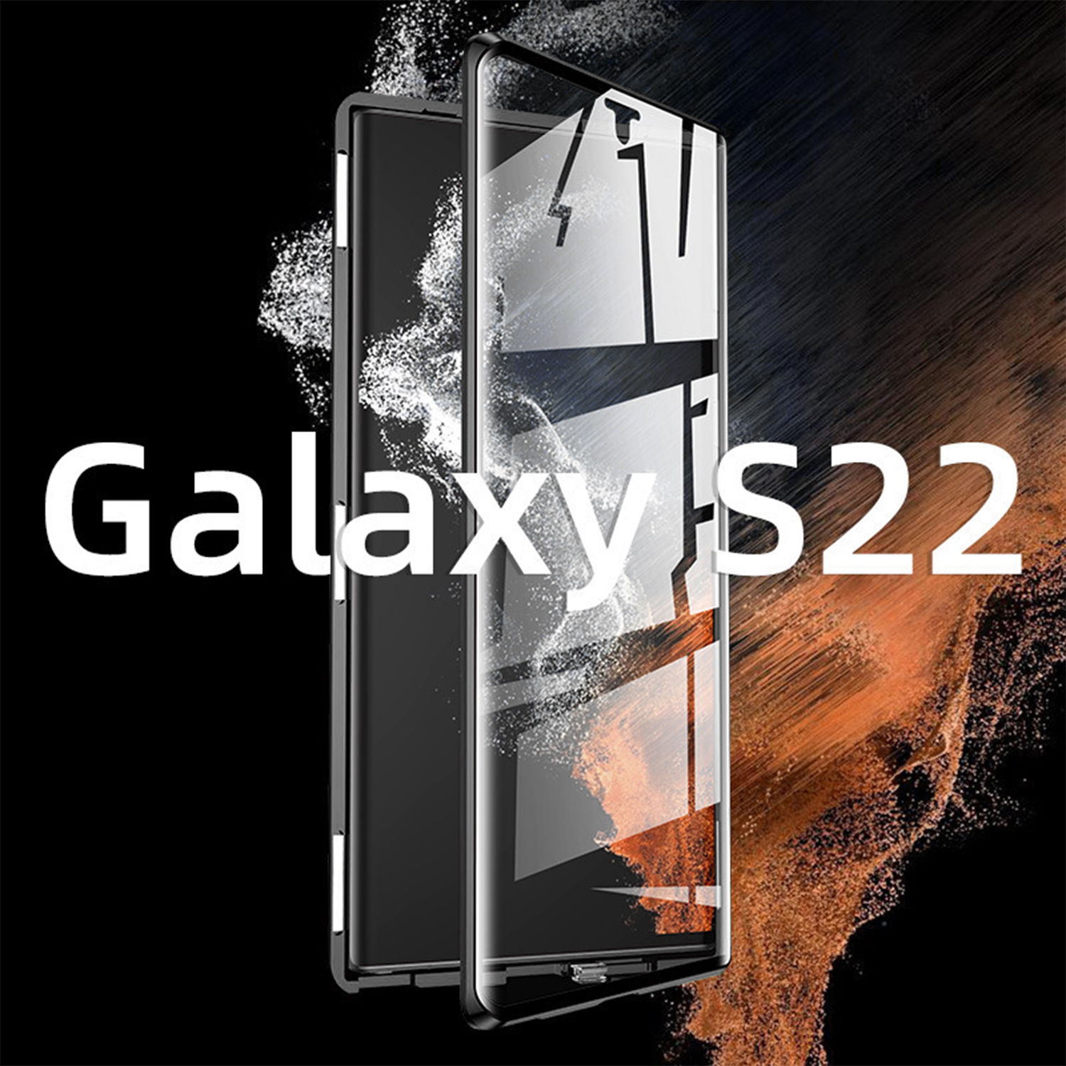 Viene mostrato un telefono con una custodia. La custodia è aperta, rivelando il telefono. Il testo 'Galaxy S22' è scritto sull'immagine.