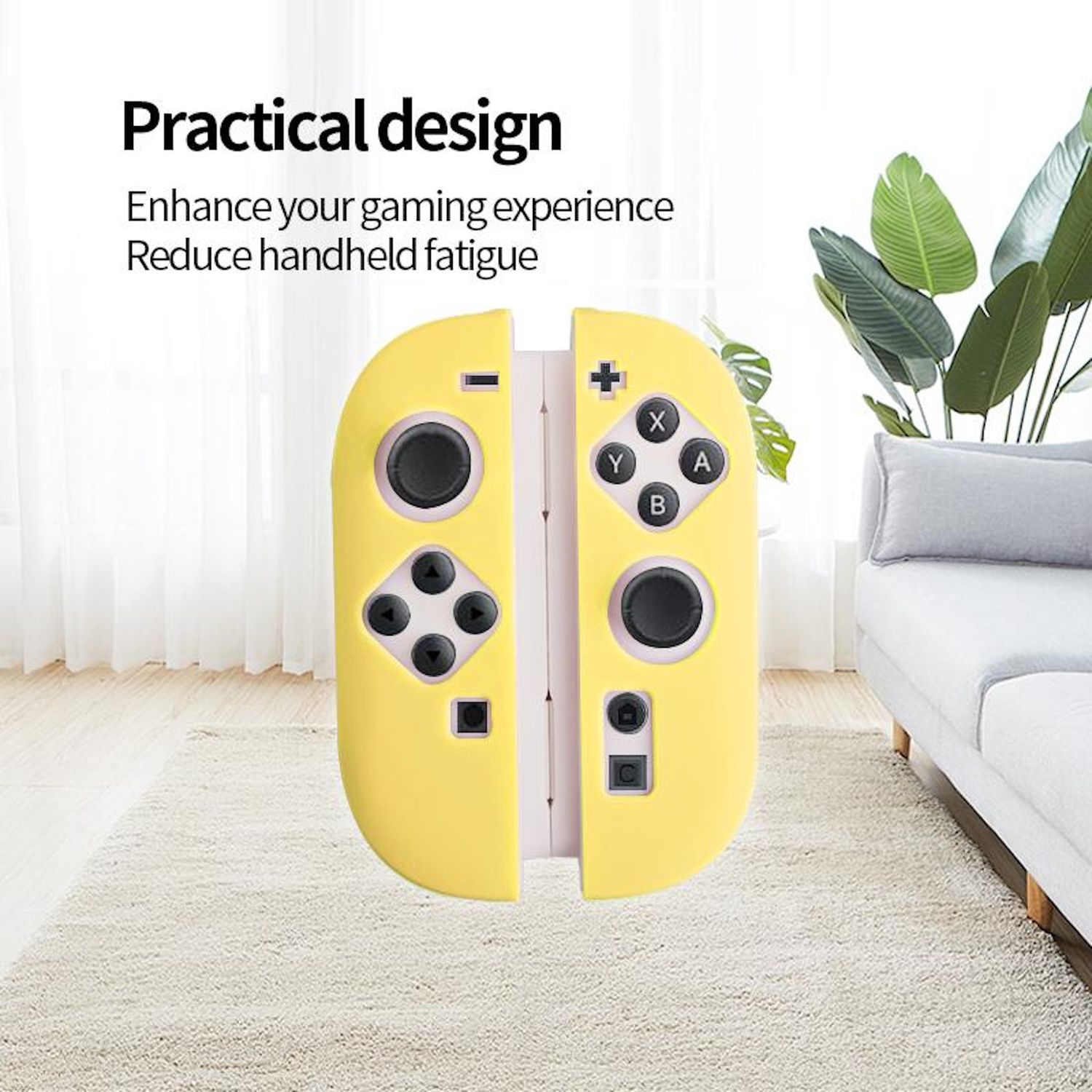 Gelbe Gamecontroller werden separat auf weißem Hintergrund gezeigt. Der Text 'Praktisches Design' steht oben.