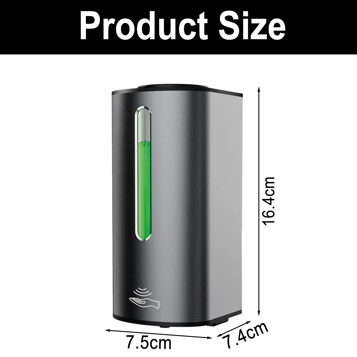 Bild zeigt die Abmessungen eines automatischen Seifenspenders: 16,4 cm hoch, 7,5 cm breit, 7,4 cm tief.