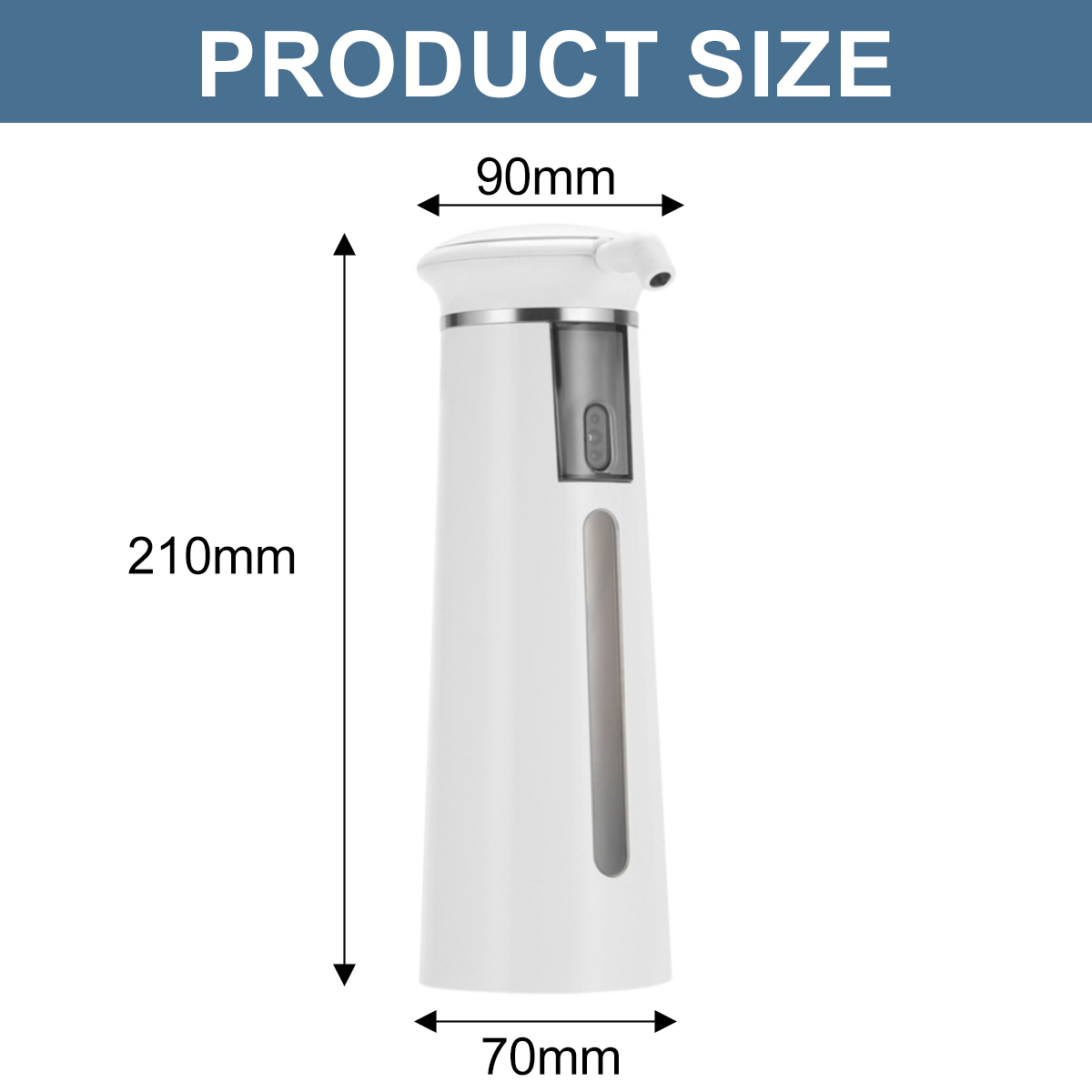Bild zeigt die Abmessungen eines automatischen Seifenspenders: 210 mm hoch, 90 mm breit, 70 mm tief.