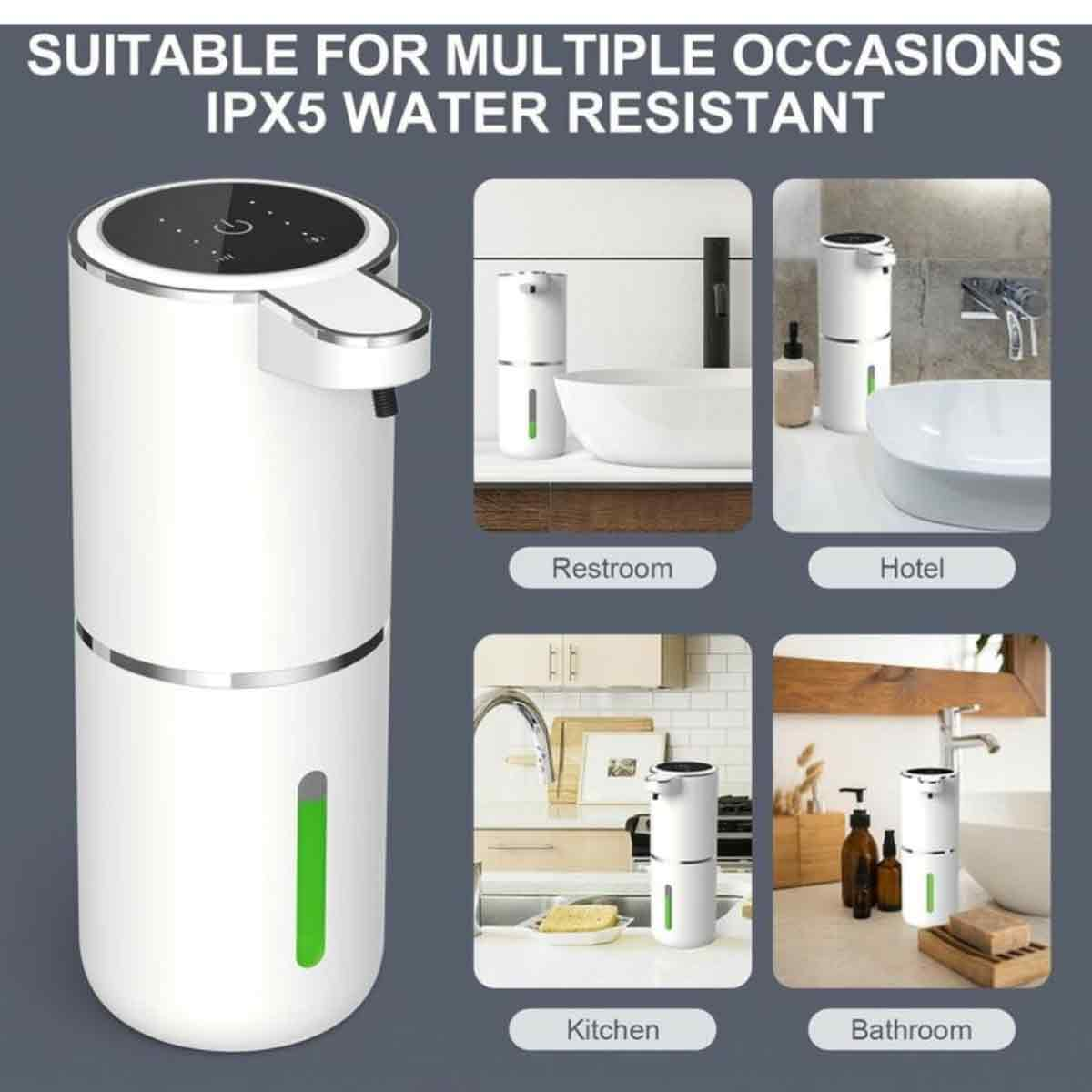 Weißer Seifenspender mit Diagrammen, die zeigen, wo er verwendet werden kann: Toilette, Hotel, Küche, Badezimmer.