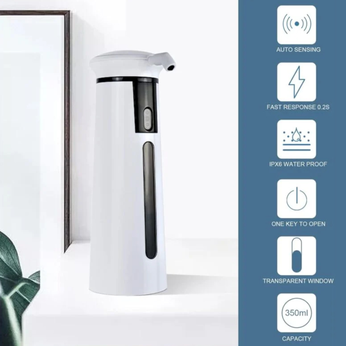 Weißer, automatischer Seifenspender mit schwarzem Fenster und schlankem Design. Merkmale: Auto-Sensor, 350ml.