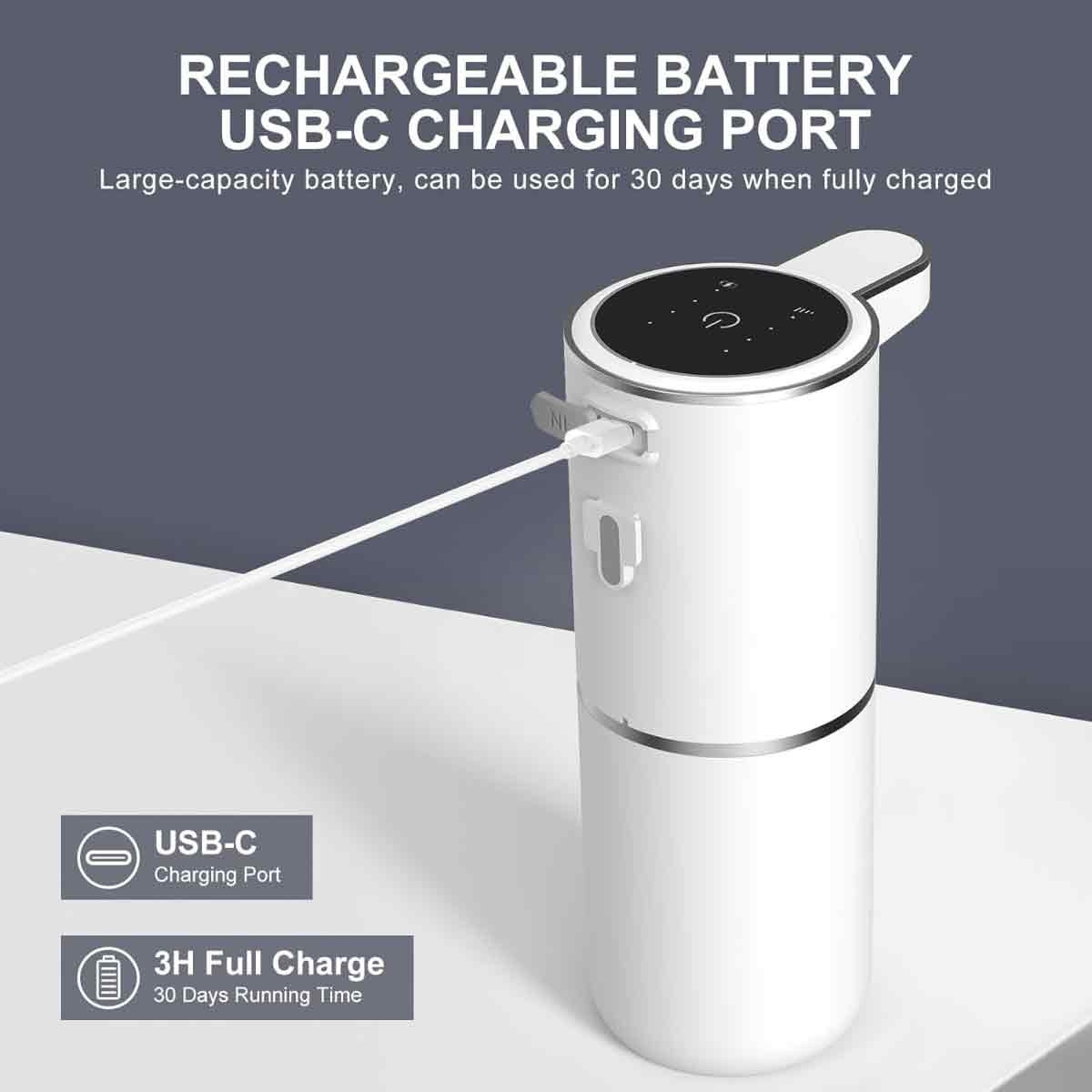 Ein weißer Seifenspender mit USB-C-Ladeanschluss. Text: Akku, 3H Vollladung, 30 Tage Laufzeit.