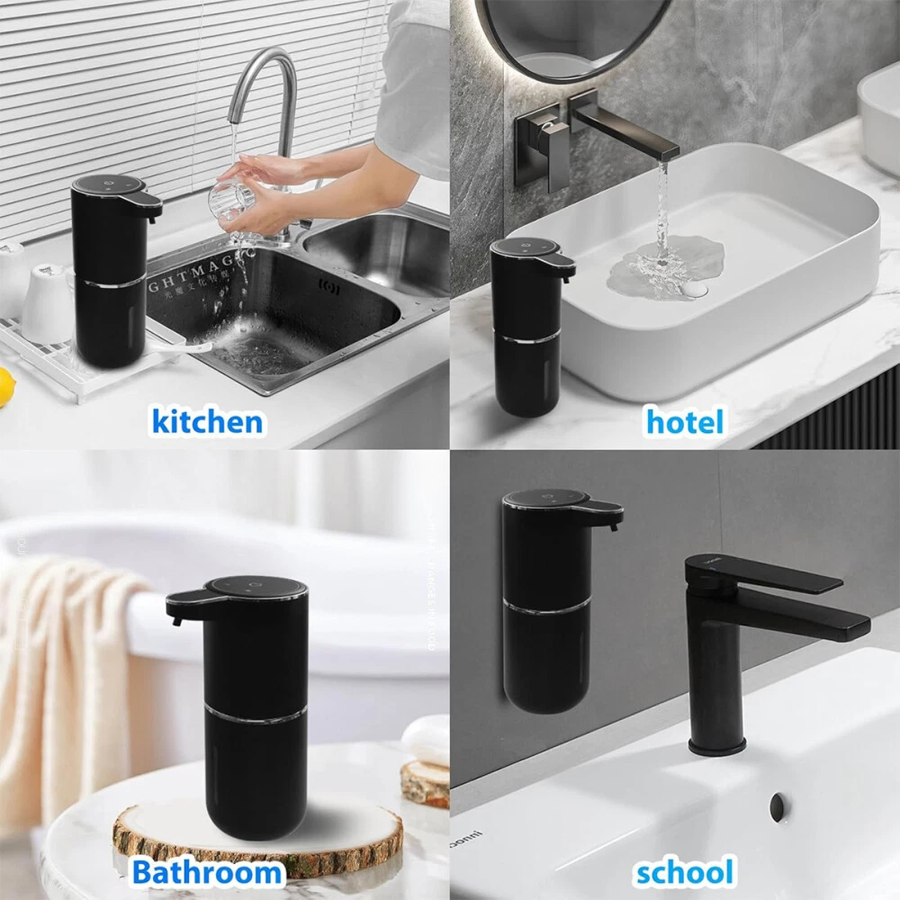 Vier Bilder zeigen einen automatischen Seifenspender in verschiedenen Umgebungen: Küche, Hotel, Badezimmer, Schule.