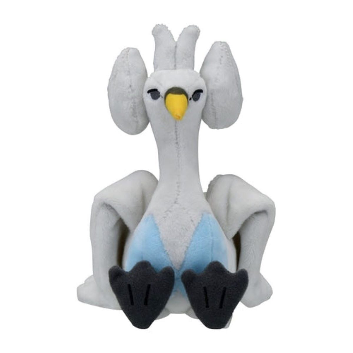 Ein weiß-blauer Plüschvogel mit großen Ohren, gelbem Schnabel und schwarzen Füßen, der aufrecht sitzt.
