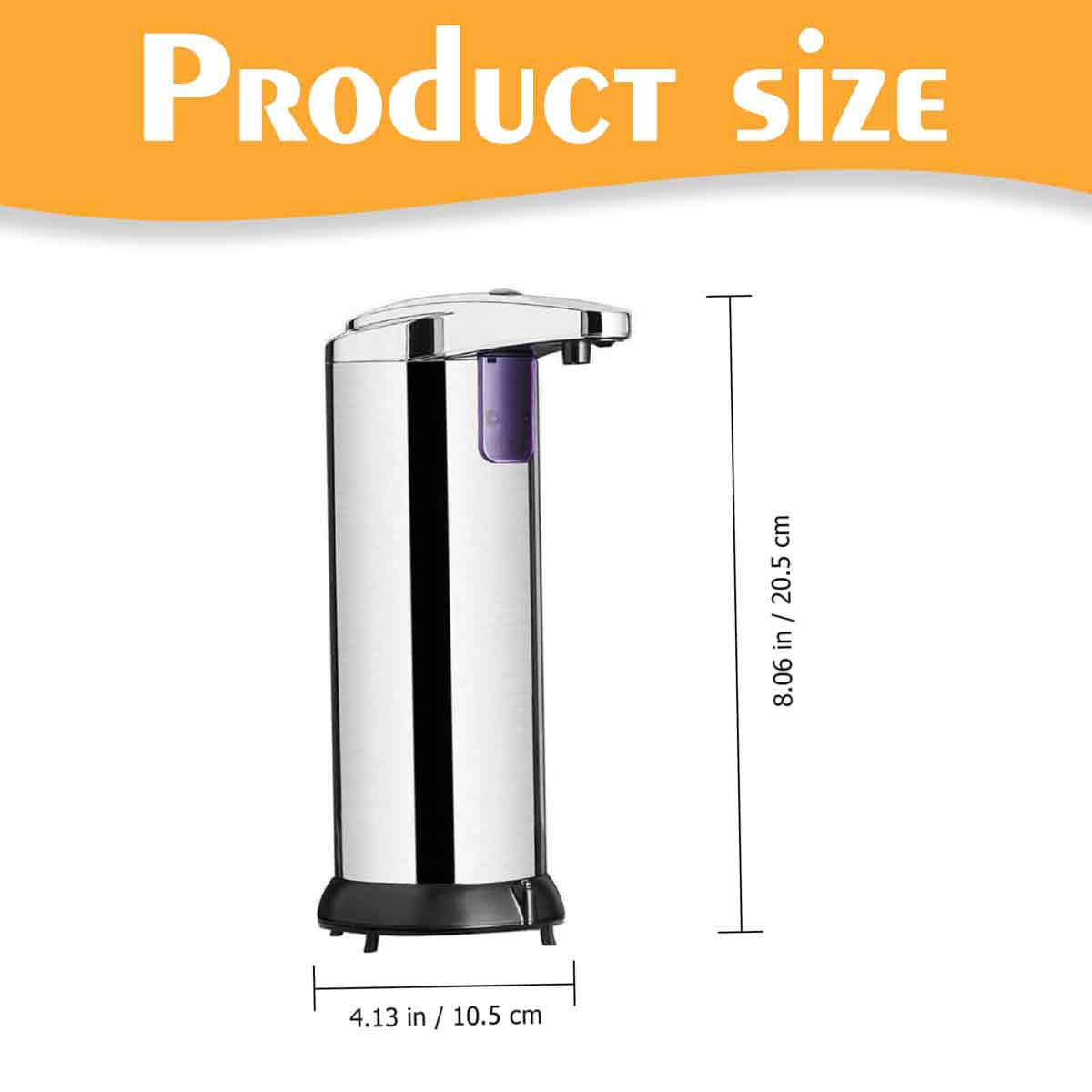 Silberner Seifenspender, Produktdetails: 4,13 Zoll / 10,5 cm, 8,06 Zoll / 20,5 cm, mit Abmessungen.