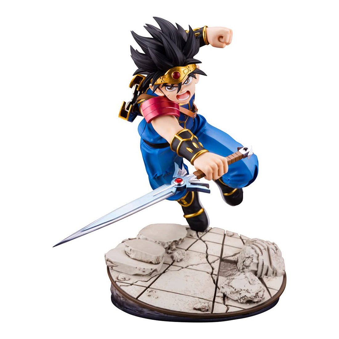 Eine Figur eines Manga-Charakters in blauem Outfit, der ein Schwert schwingt und auf einer zerbrochenen Basis steht.