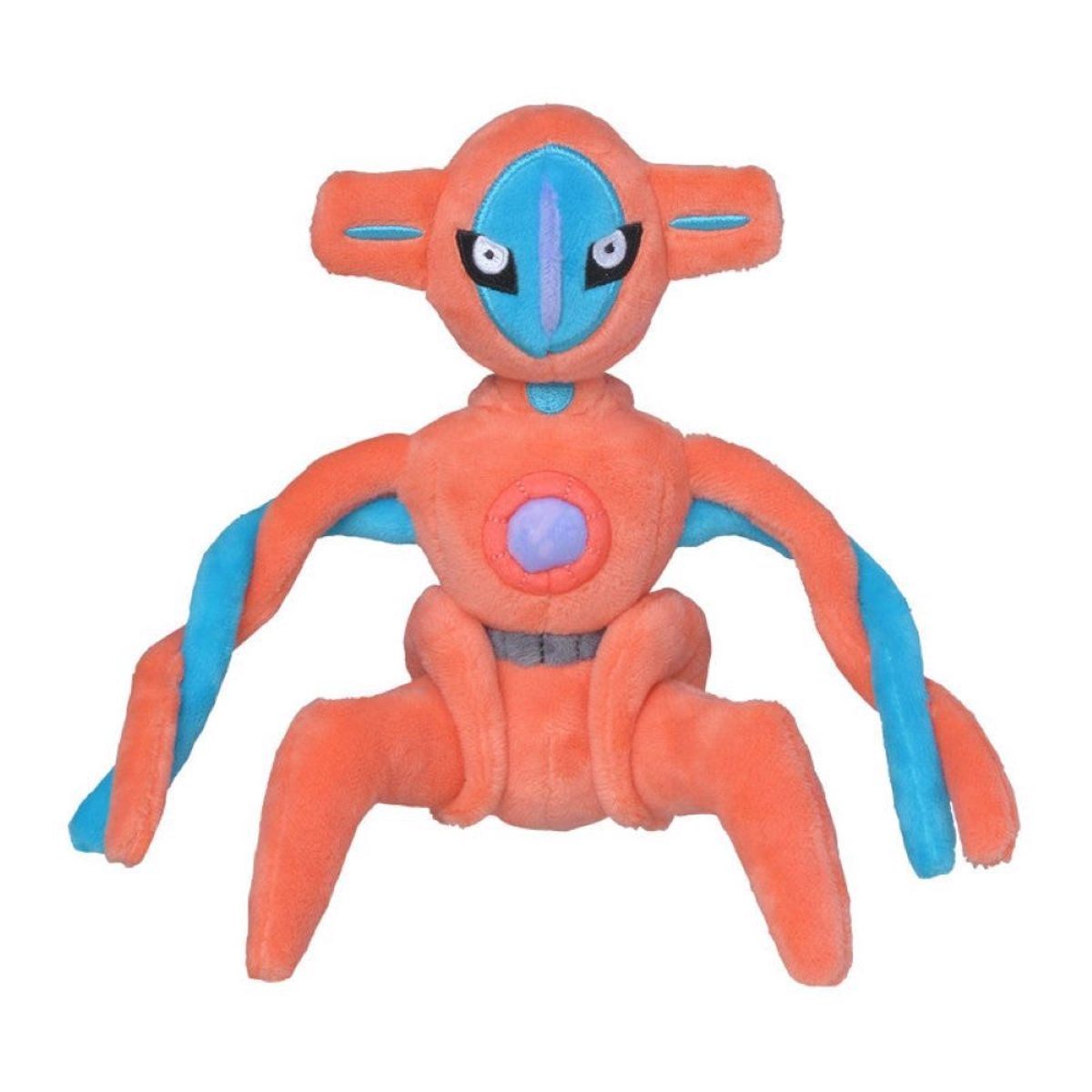 Ein orangefarbenes und blaues Plüschtier, das einen roboterartigen, außerirdisch aussehenden Charakter mit mehreren Gliedmaßen darstellt.