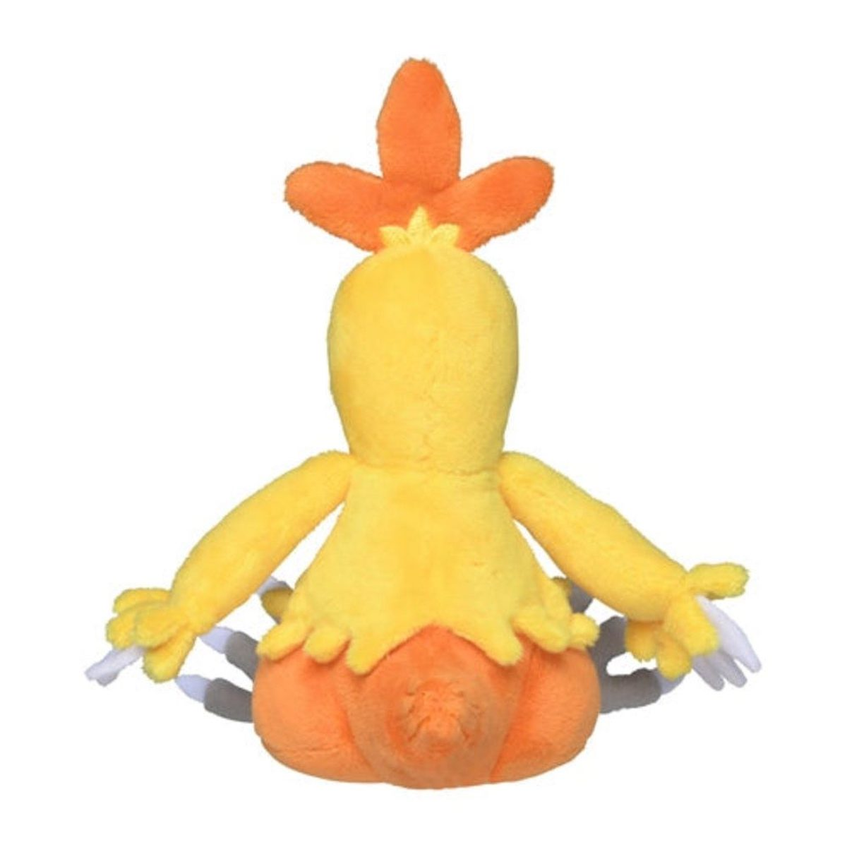 Ein gelbes und oranges Plüschtier eines vogelartigen Wesens mit Armen und Beinen, von hinten gesehen.