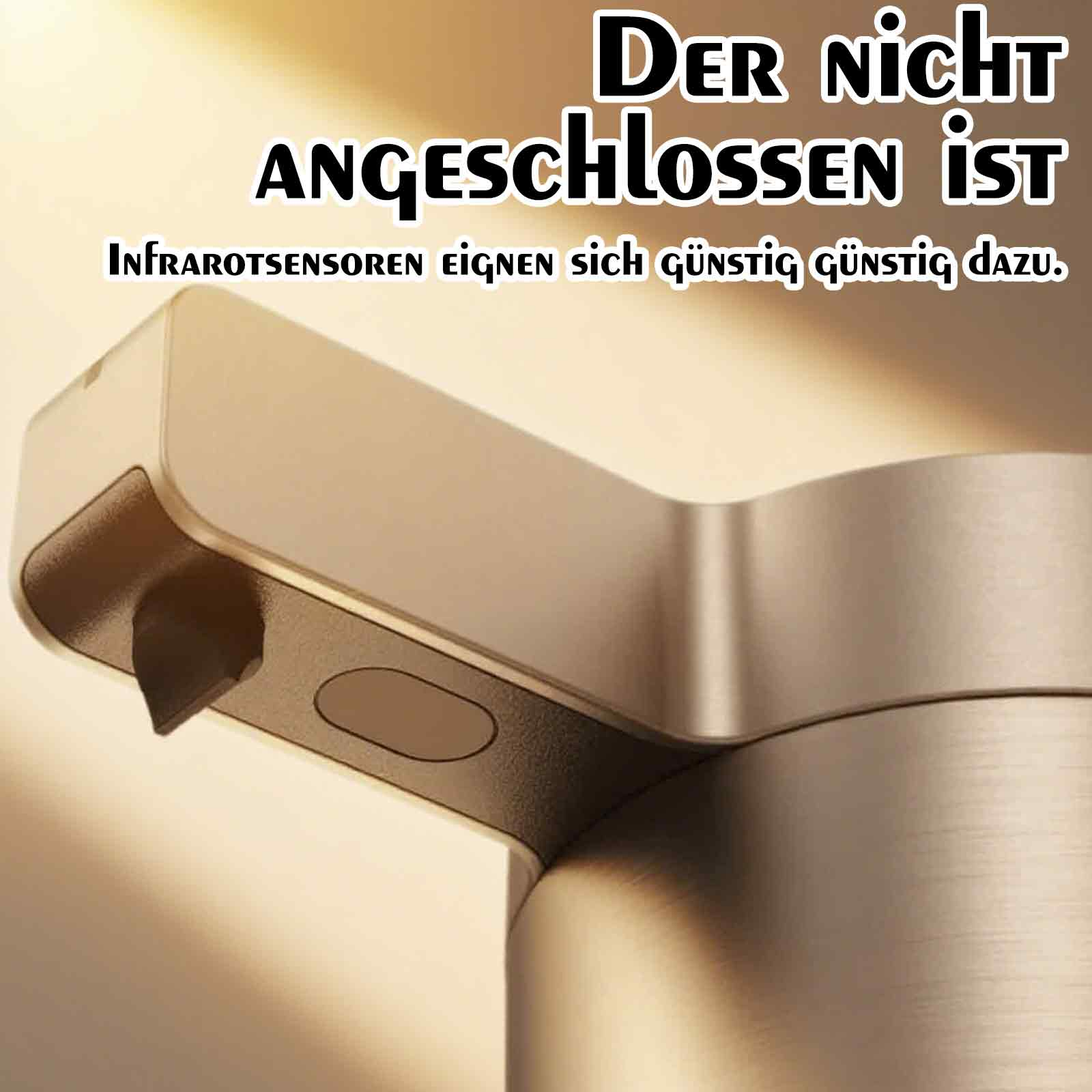 Nahaufnahme eines metallischen Seifenspenders. Text auf Deutsch steht oben.