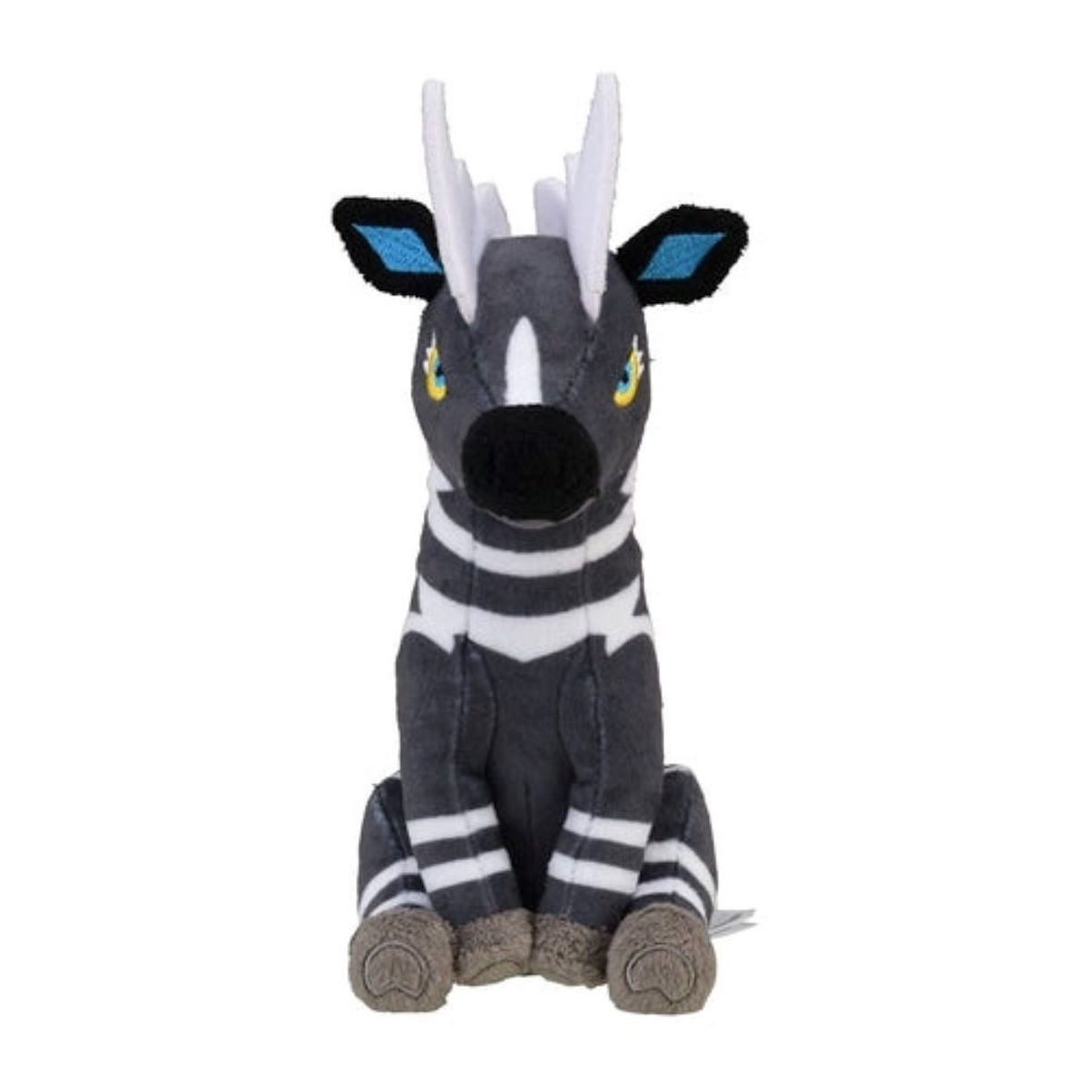 Ein Plüschtier einer schwarz-weißen, zebraartigen Kreatur, die nach vorne schaut und Hörner hat.