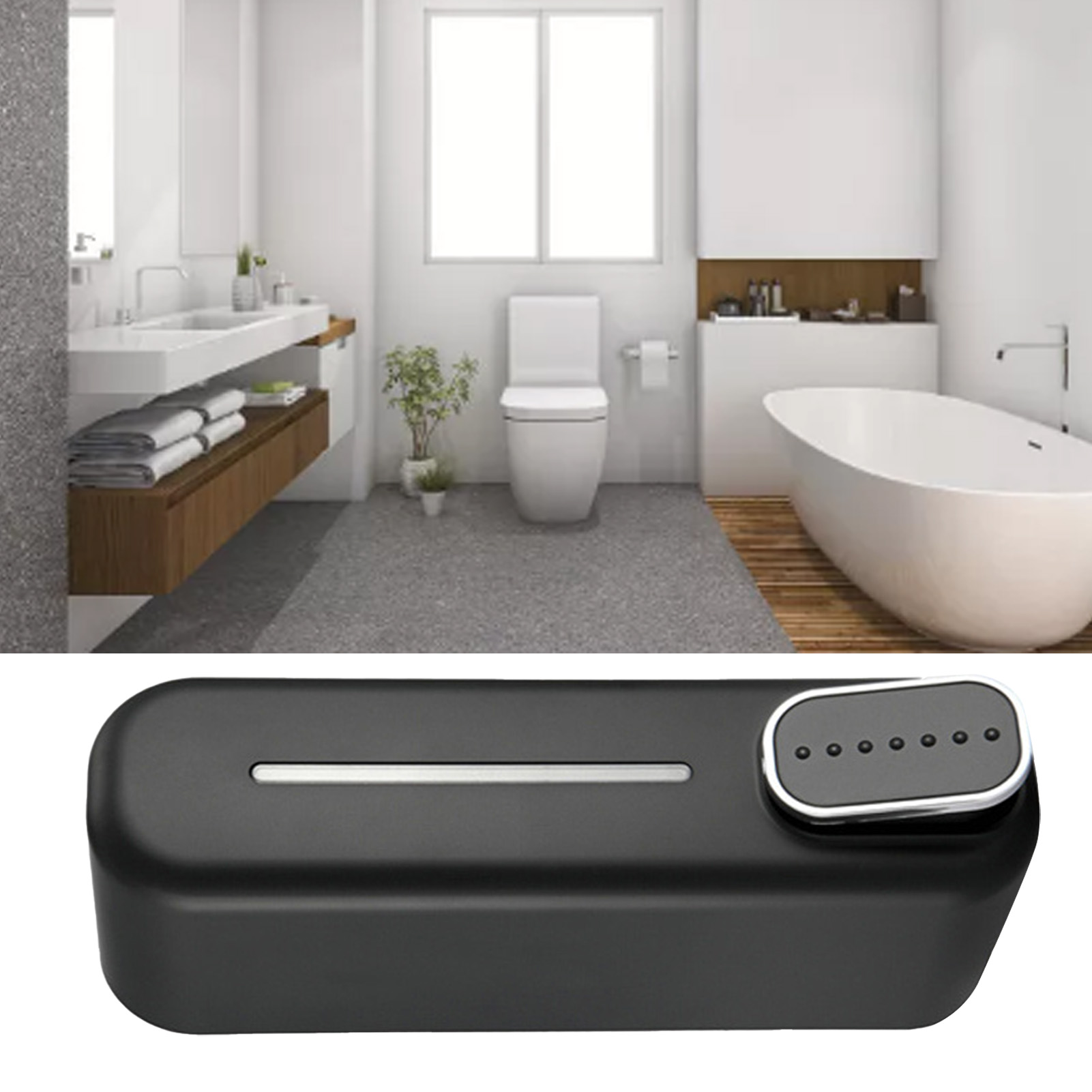 Eine Badezimmerszene. Ein schwarzes Objekt liegt davor. Es gibt eine Toilette, ein Waschbecken und eine Badewanne.