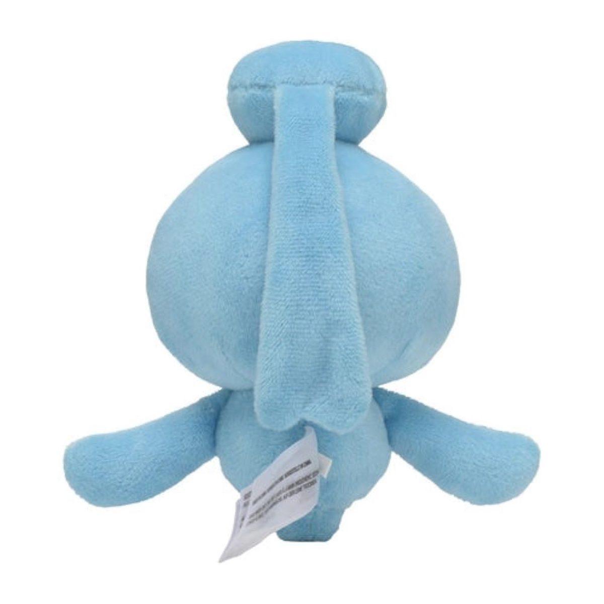 Ein hellblaues Plüschtier eines Pokémon von hinten. Es hat einen Schwanz und Arme.