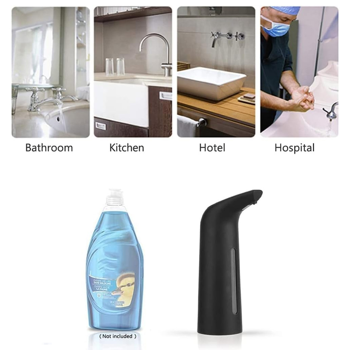 Das Bild zeigt verschiedene Szenen: Badezimmer, Küche, Hotel und Krankenhaus. Auch ein Seifenspender und eine Seifenflasche.