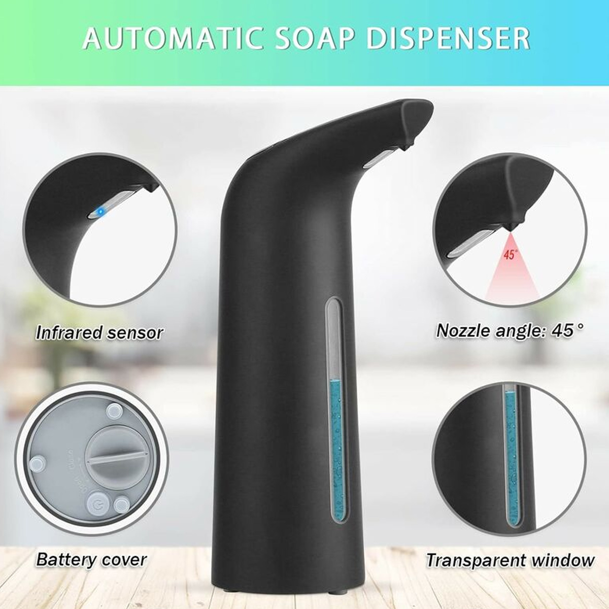 Ein automatischer Seifenspender mit schwarzem Gehäuse. Kreise zeigen Infrarotsensor, Düsenwinkel und Batterieabdeckung.