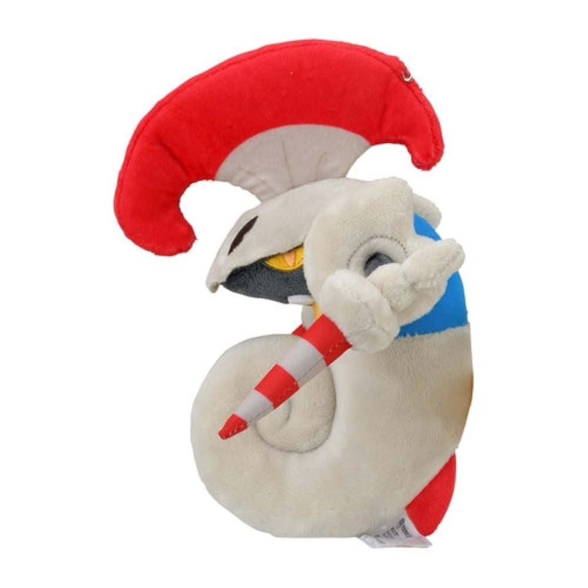 Seitenansicht eines weißen Plüsch-Pokémons mit rotem Hut, rot-weiß gestreiften Zapfen und gelbem Körper.