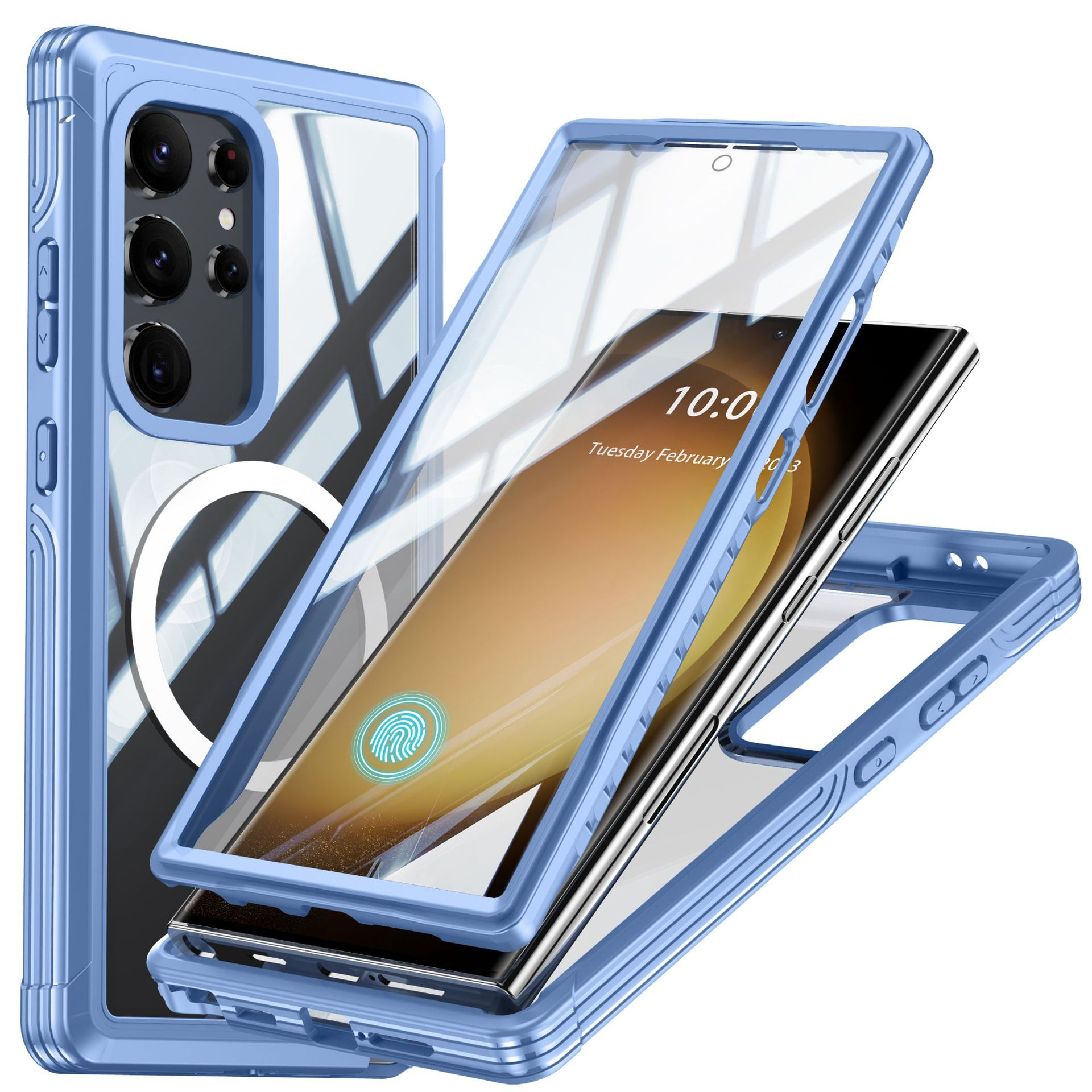 Blaue Handyhülle mit einem Telefon darin.
