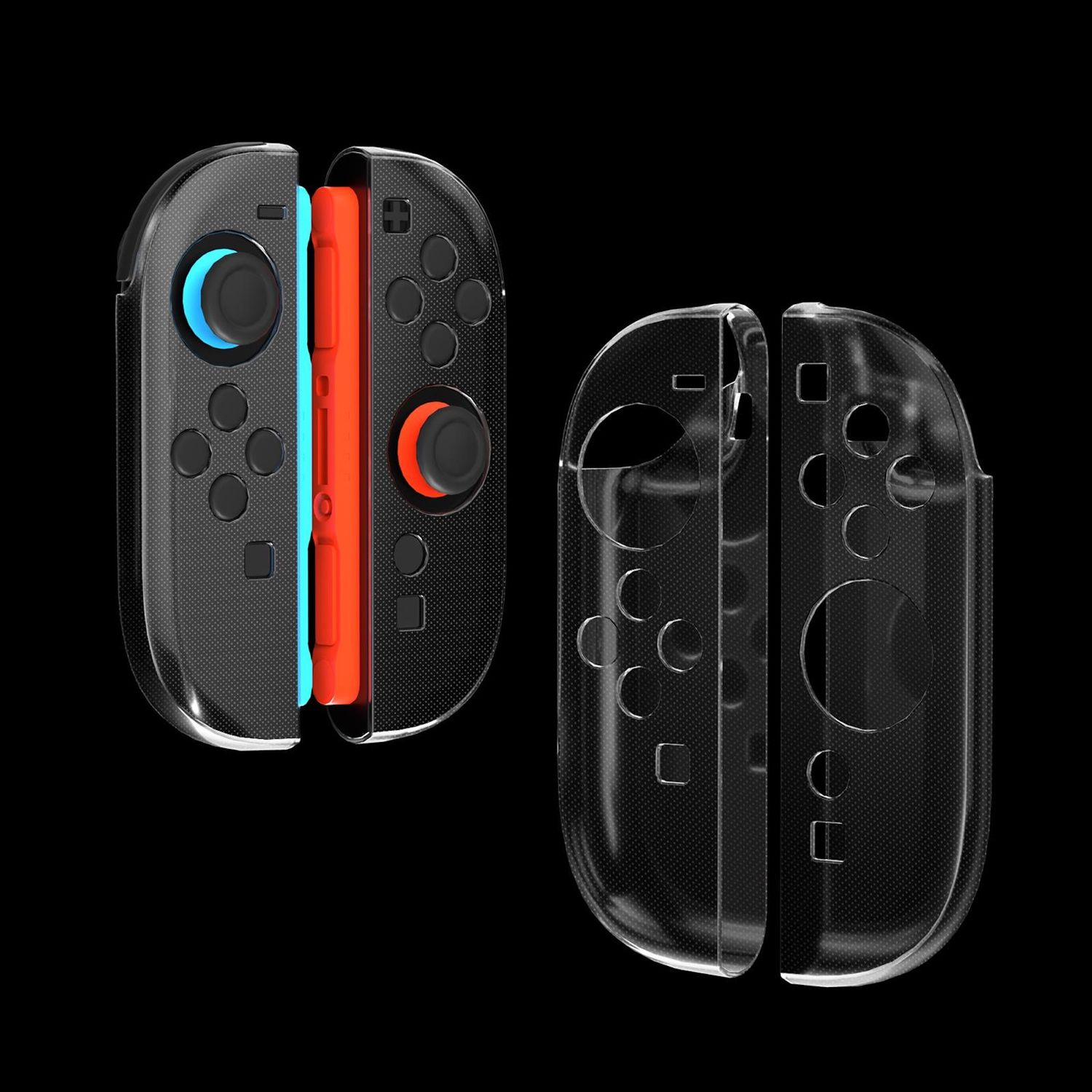 Transparente Controller-Abdeckungen mit Knöpfen und schwarzem Hintergrund.