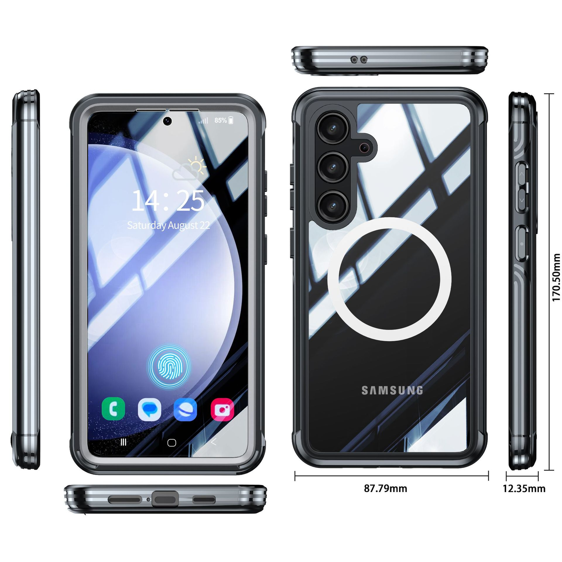 Telefon mit Hülle, Anzeige von Uhrzeit und Datum, mit Messungen im Hintergrund.