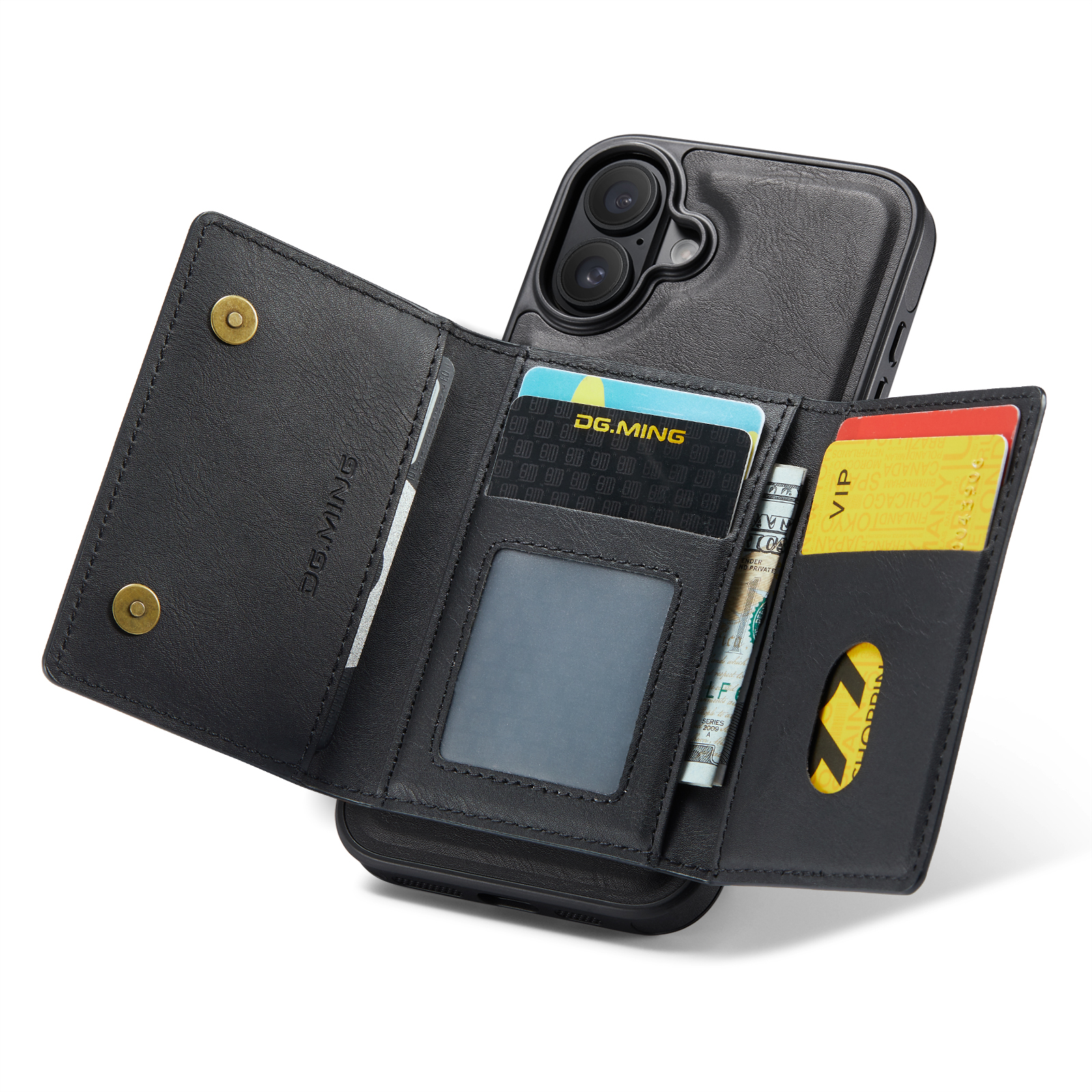 Custodia nera per telefono con portafoglio aperto, carte e contanti su superficie bianca.